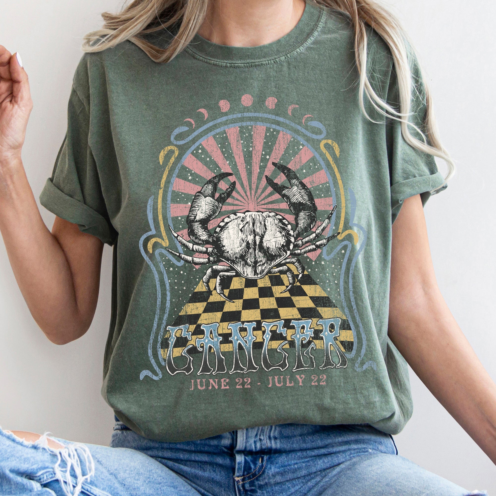 Cancer Zodiac Horoscope Astrology Vintage Mystic Celestial Signs Design Print Comfort Colors Tee