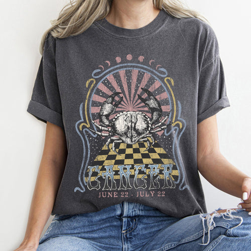 Cancer Zodiac Horoscope Astrology Vintage Mystic Celestial Signs Design Print Comfort Colors Tee