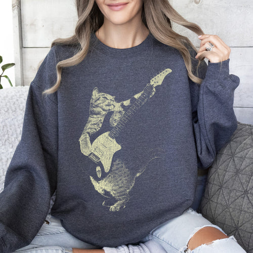 Cat Playing A Guitar Cat Lover Graphic Vintage Style Soft Comfort Fit Sweatshirt