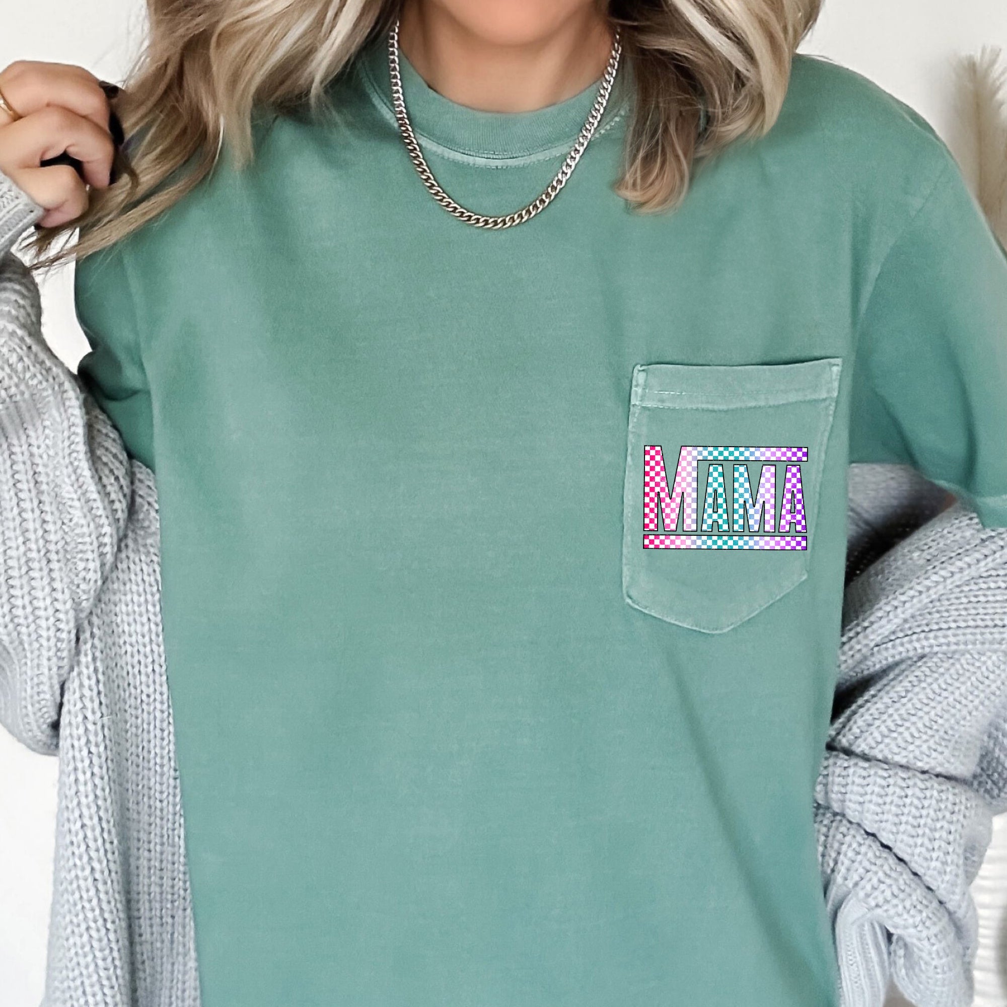 Checkered Mama Colorful Retro Pocket Pattern Vintage Style Bold Distressed Look Cozy Everyday Wear Comfort Colors Tee
