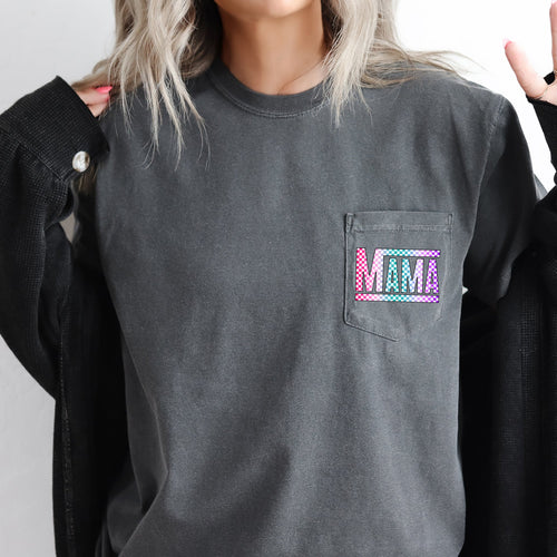 Checkered Mama Colorful Retro Pocket Pattern Vintage Style Bold Distressed Look Cozy Everyday Wear Comfort Colors Tee