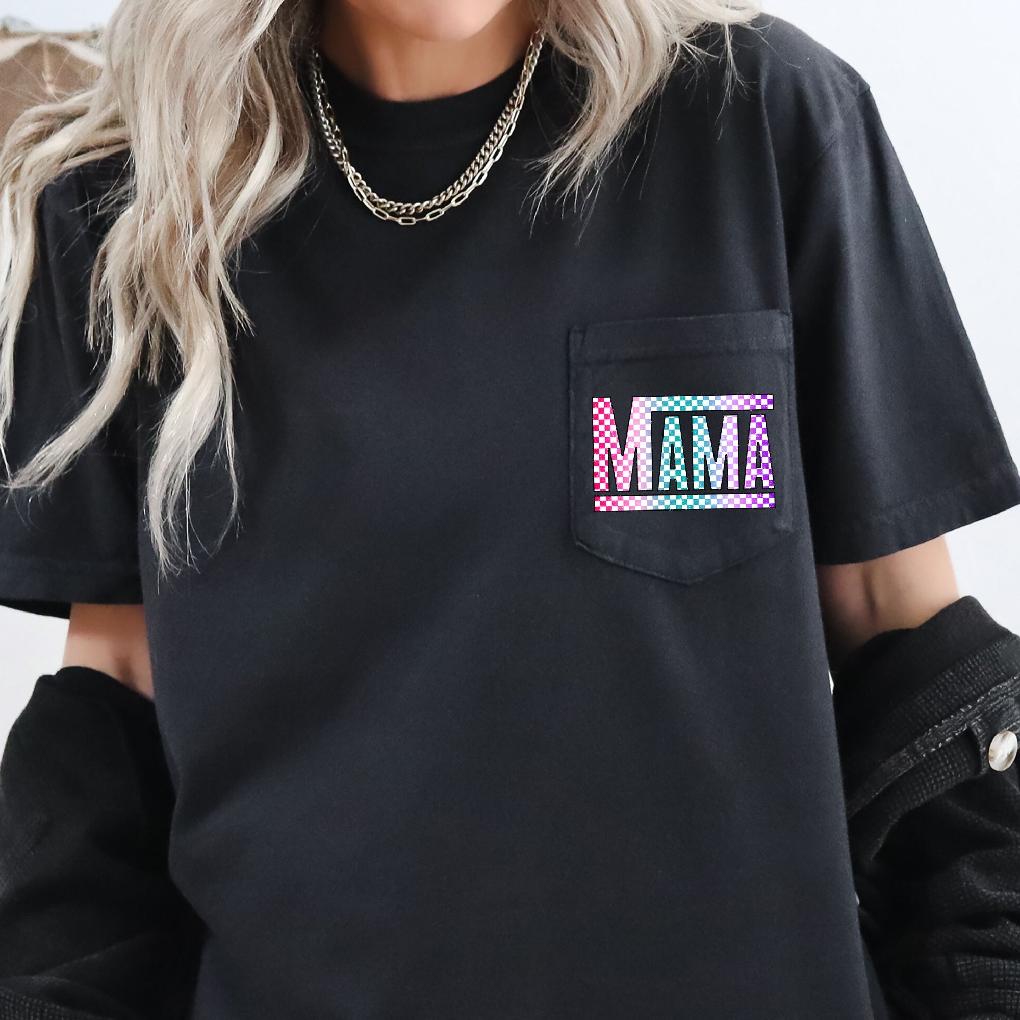 Checkered Mama Colorful Retro Pocket Pattern Vintage Style Bold Distressed Look Cozy Everyday Wear Comfort Colors Tee