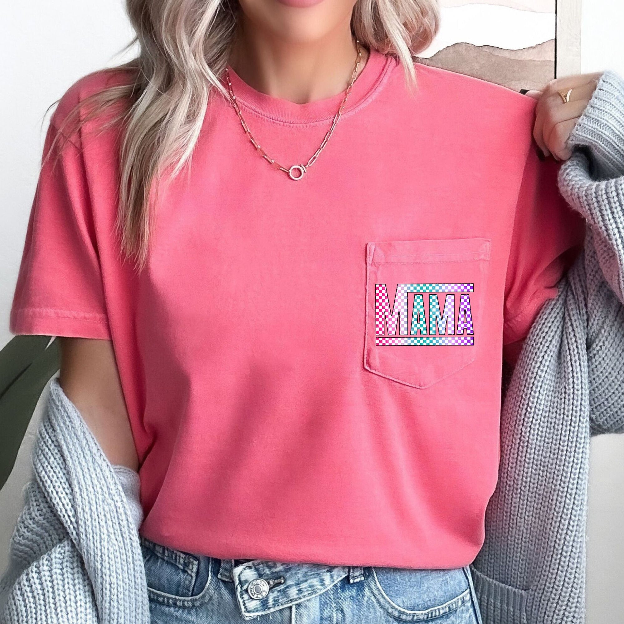 Checkered Mama Colorful Retro Pocket Pattern Vintage Style Bold Distressed Look Cozy Everyday Wear Comfort Colors Tee