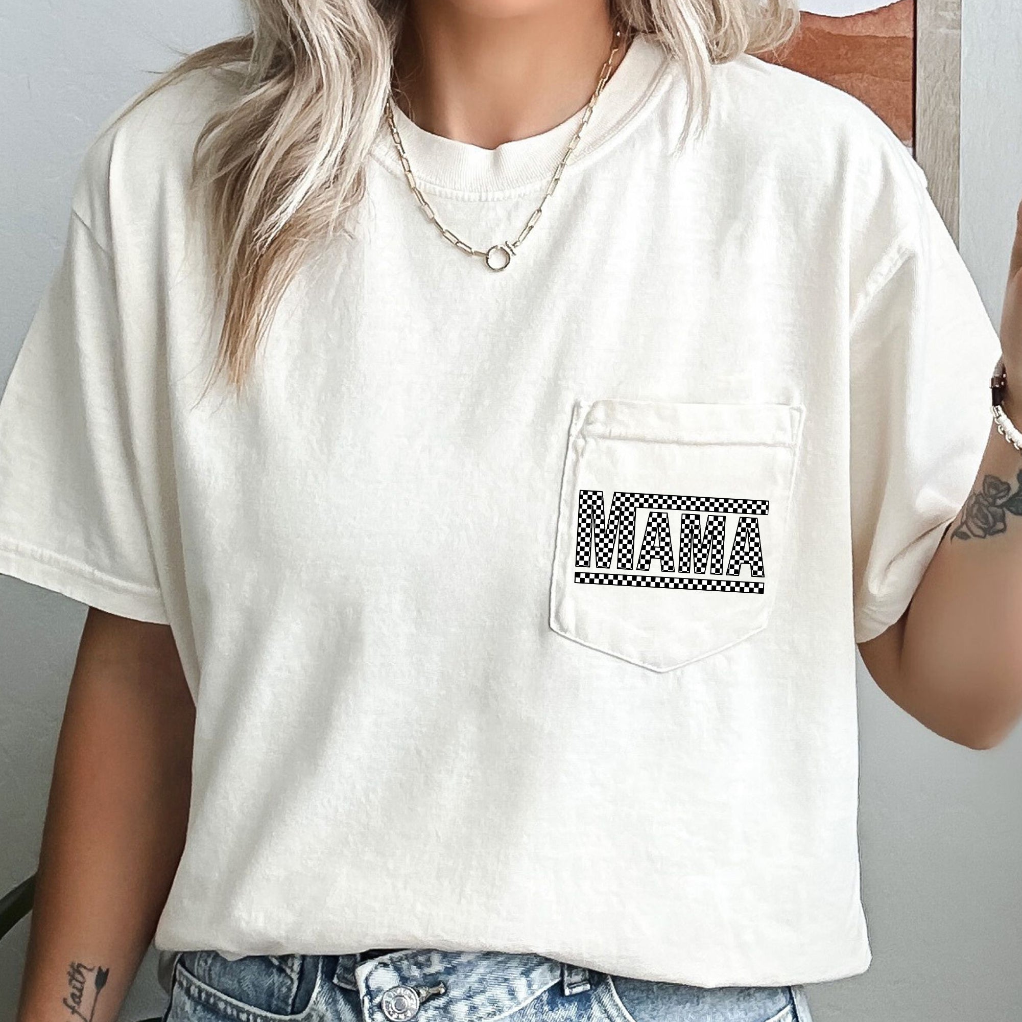Checkered Mama Retro Pocket Vintage Cotton Checkered Print Cozy Everyday Wear Comfort Colors Tee