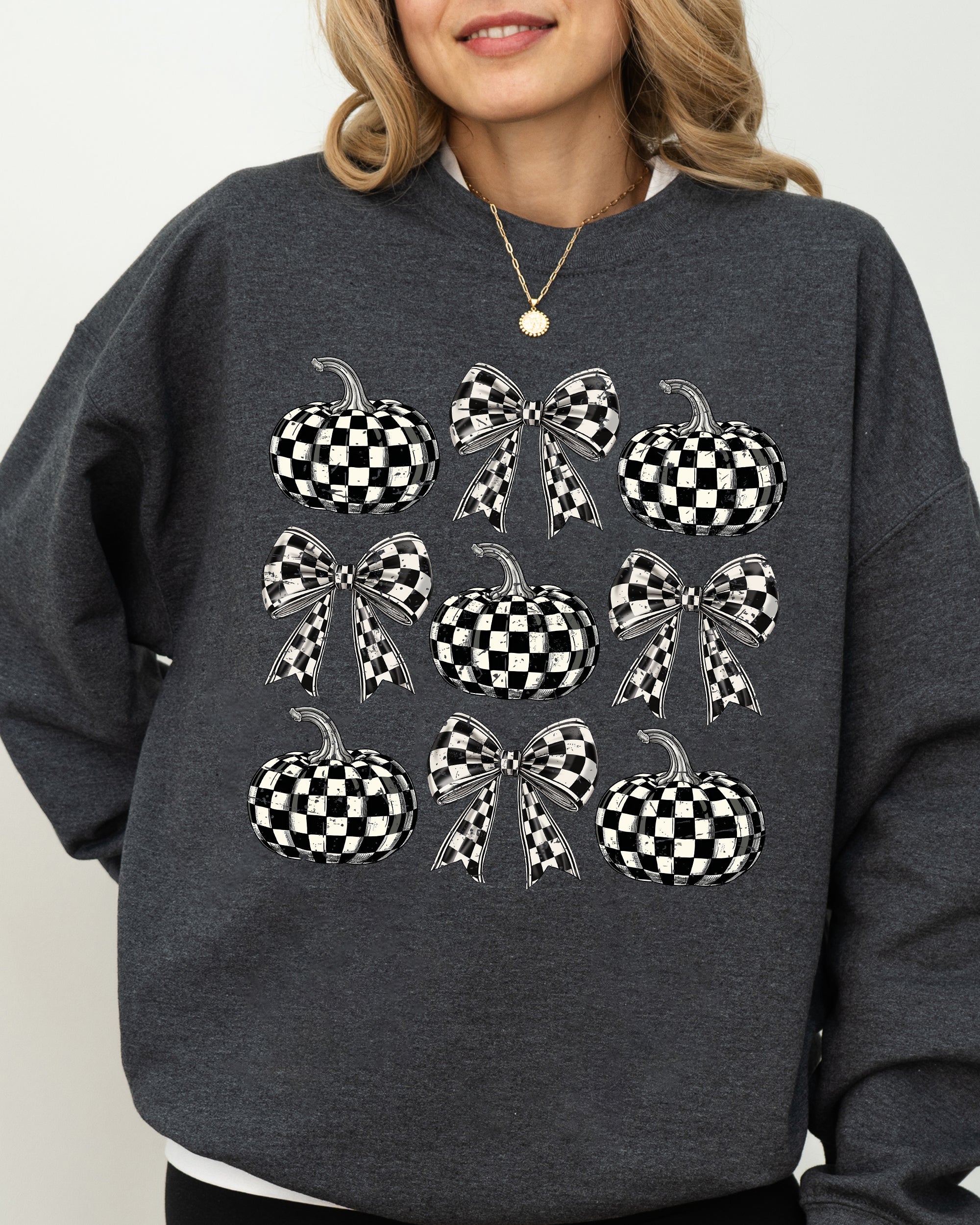 Checkered Retro Pumpkins Coquette Ribbons Bows Halloween Autumn Fall Patchwork Cozy Sweatshirt
