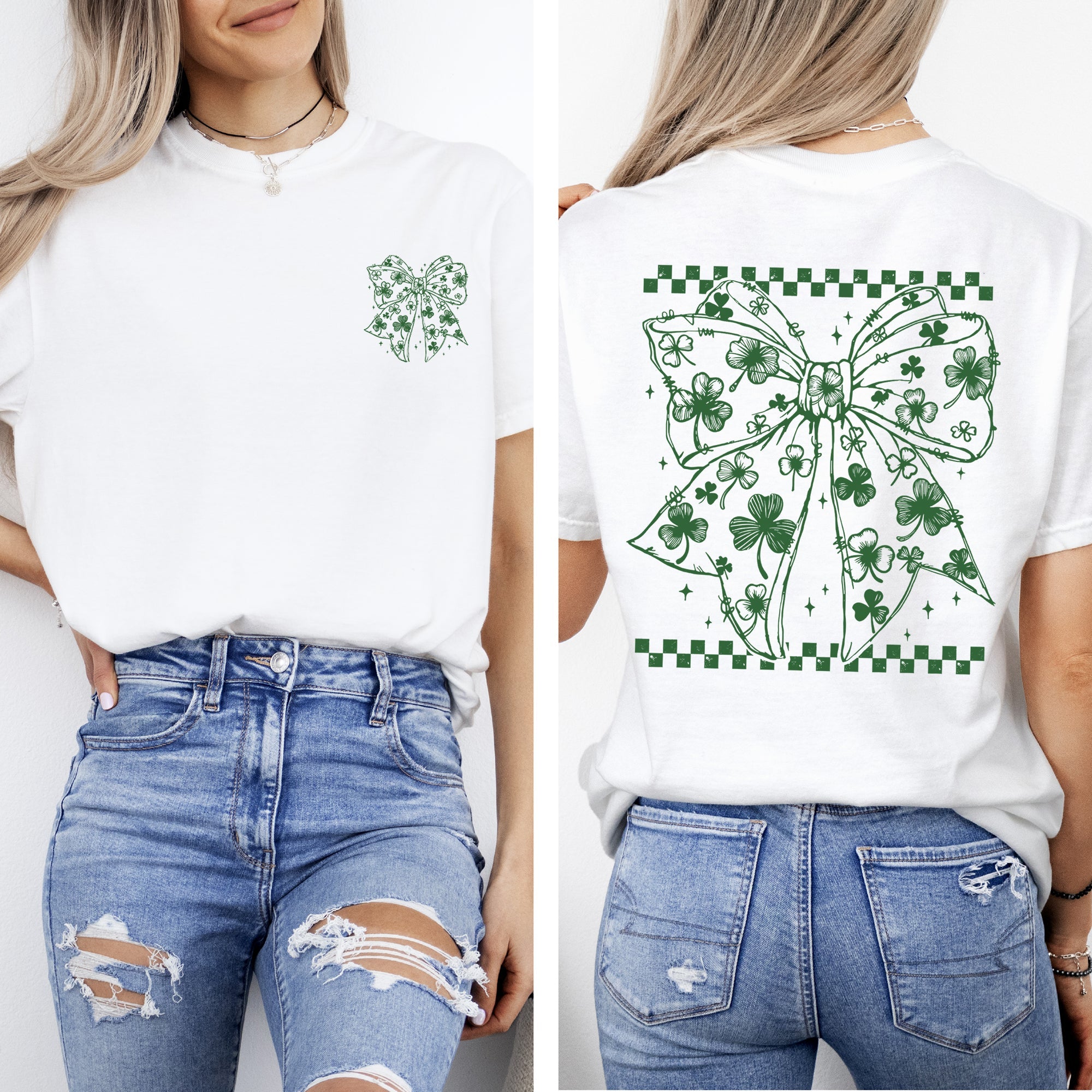 Checkered Bow Coquette Leprechaun Shamrock Clover Lucky St Patrick's Day Irish Pride Comfort Colors Tee