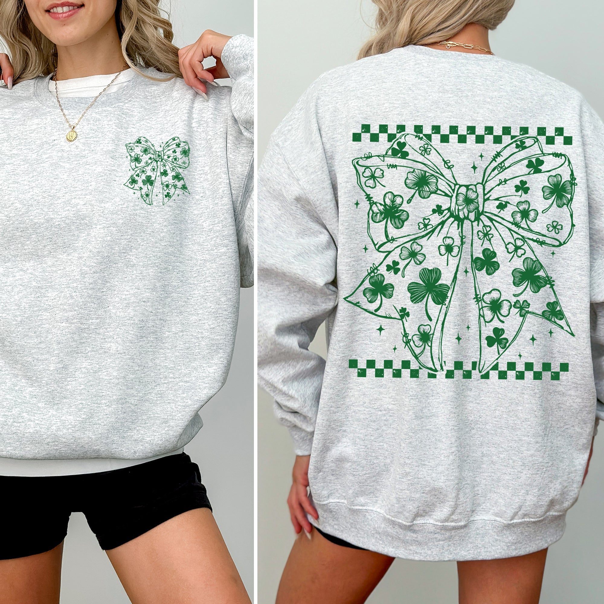 Leprechaun Checkered Bow Coquette Shamrock Clover Lucky St Patrick's Day Sweatshirt