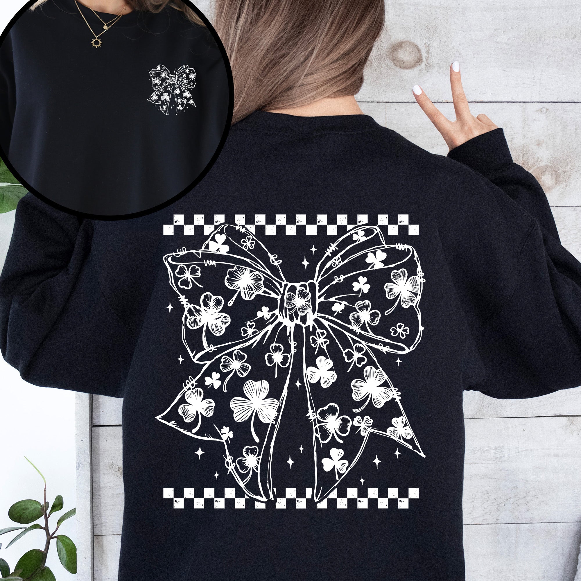 Leprechaun Checkered Bow Coquette Shamrock Clover Lucky St Patrick's Day Sweatshirt