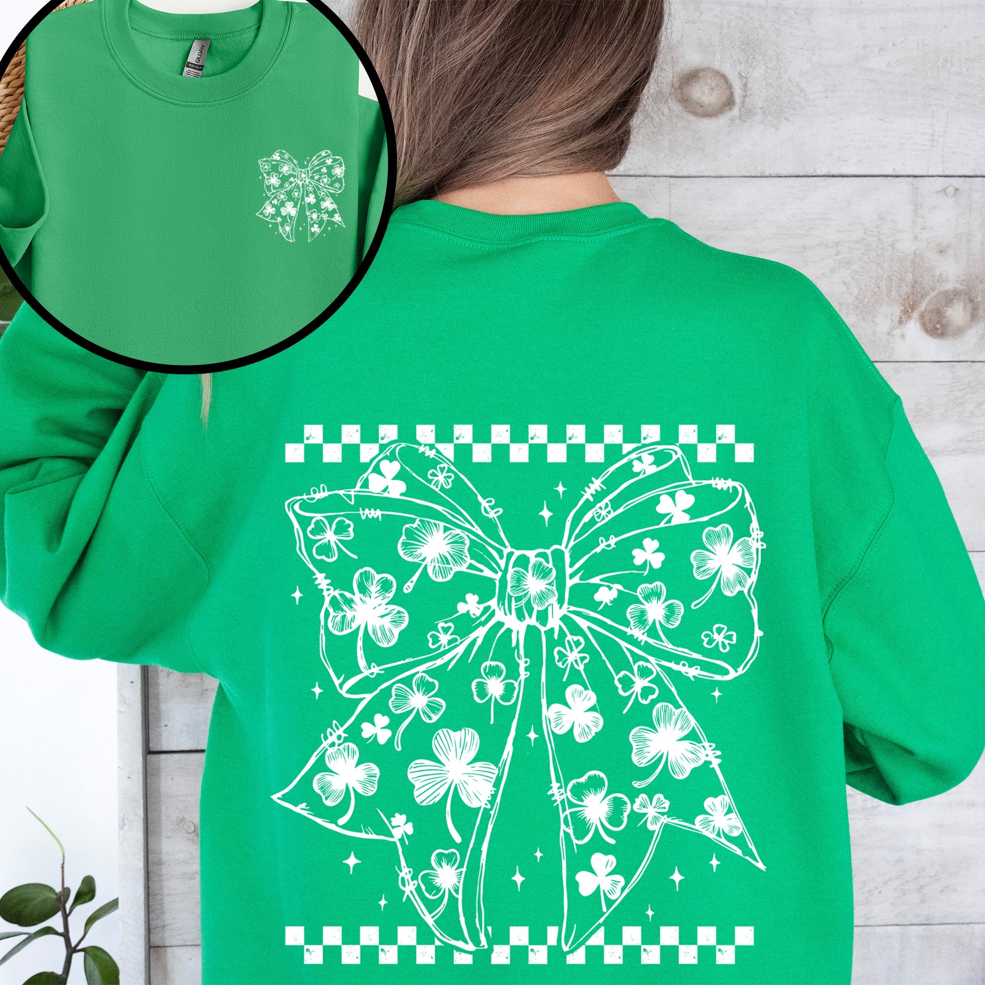 Leprechaun Checkered Bow Coquette Shamrock Clover Lucky St Patrick's Day Sweatshirt