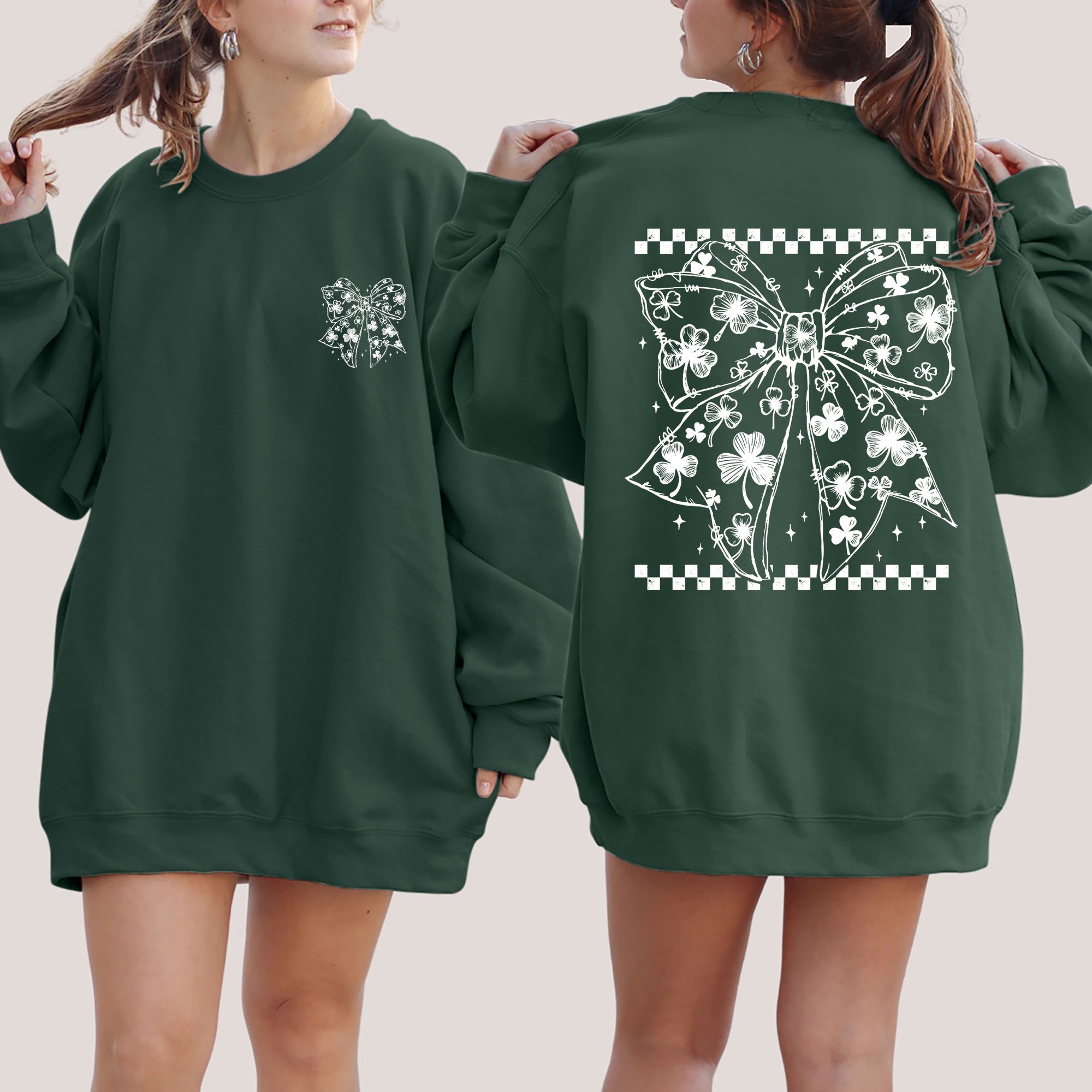 Leprechaun Checkered Bow Coquette Shamrock Clover Lucky St Patrick's Day Sweatshirt