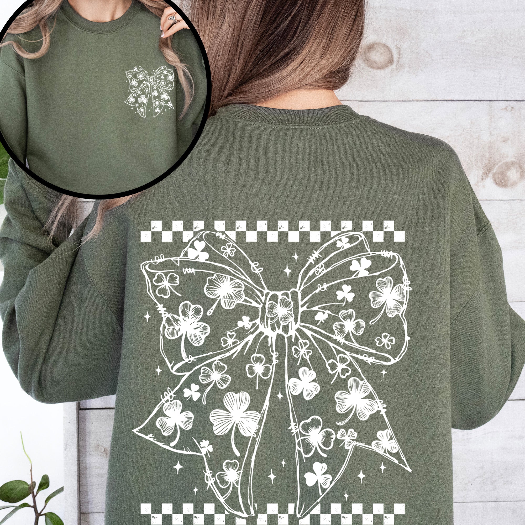 Leprechaun Checkered Bow Coquette Shamrock Clover Lucky St Patrick's Day Sweatshirt