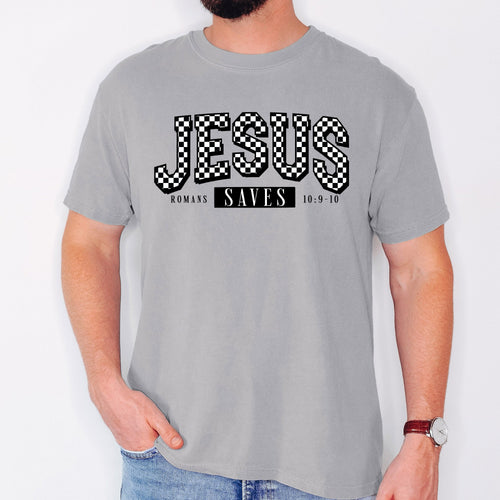Checkered Jesus Saves Christian Gospel Faith Saved Vintage Graphic Comfort Colors Tee