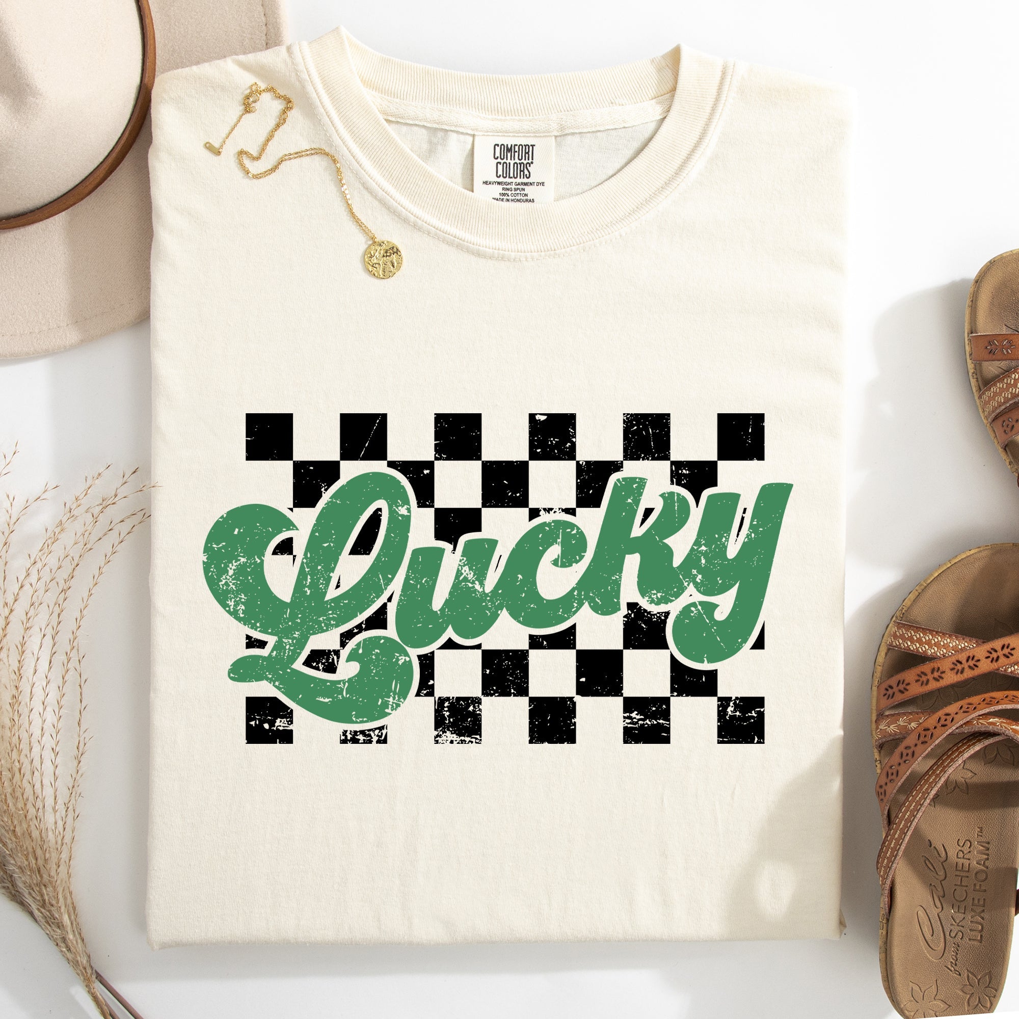 Checkered Lucky Leprechaun Shamrock Clover Retro Vintage St Patrick's Day Comfort Colors Tee