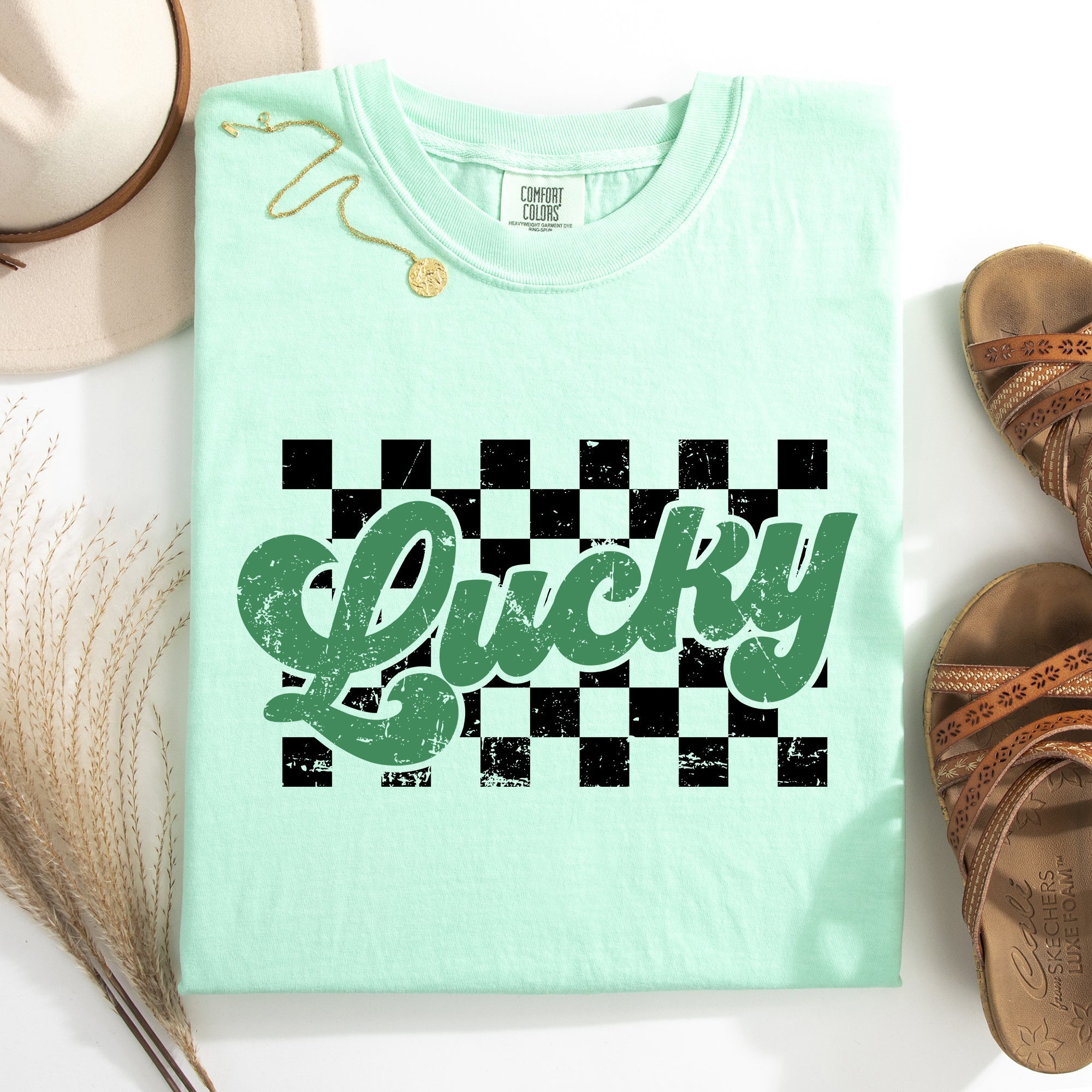 Checkered Lucky Leprechaun Shamrock Clover Retro Vintage St Patrick's Day Comfort Colors Tee