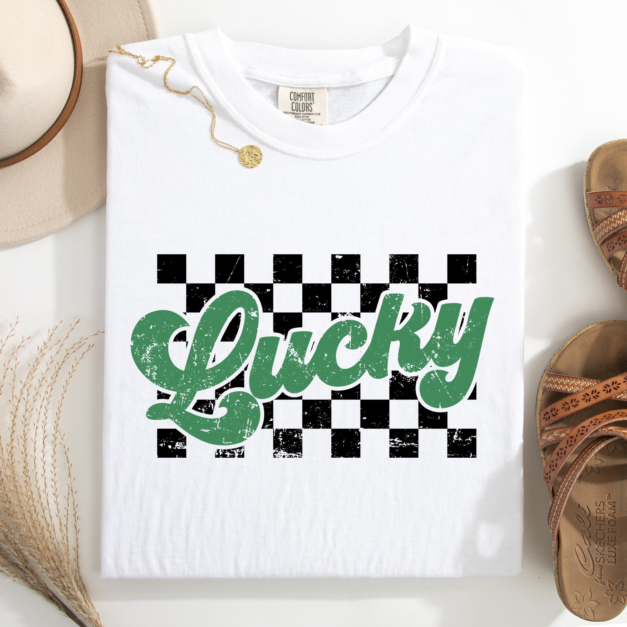 Checkered Lucky Leprechaun Shamrock Clover Retro Vintage St Patrick's Day Comfort Colors Tee