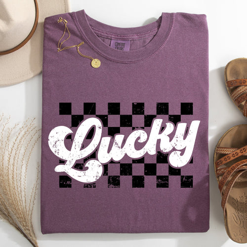 Checkered Lucky Leprechaun Shamrock Clover Retro Vintage St Patrick's Day Comfort Colors Tee