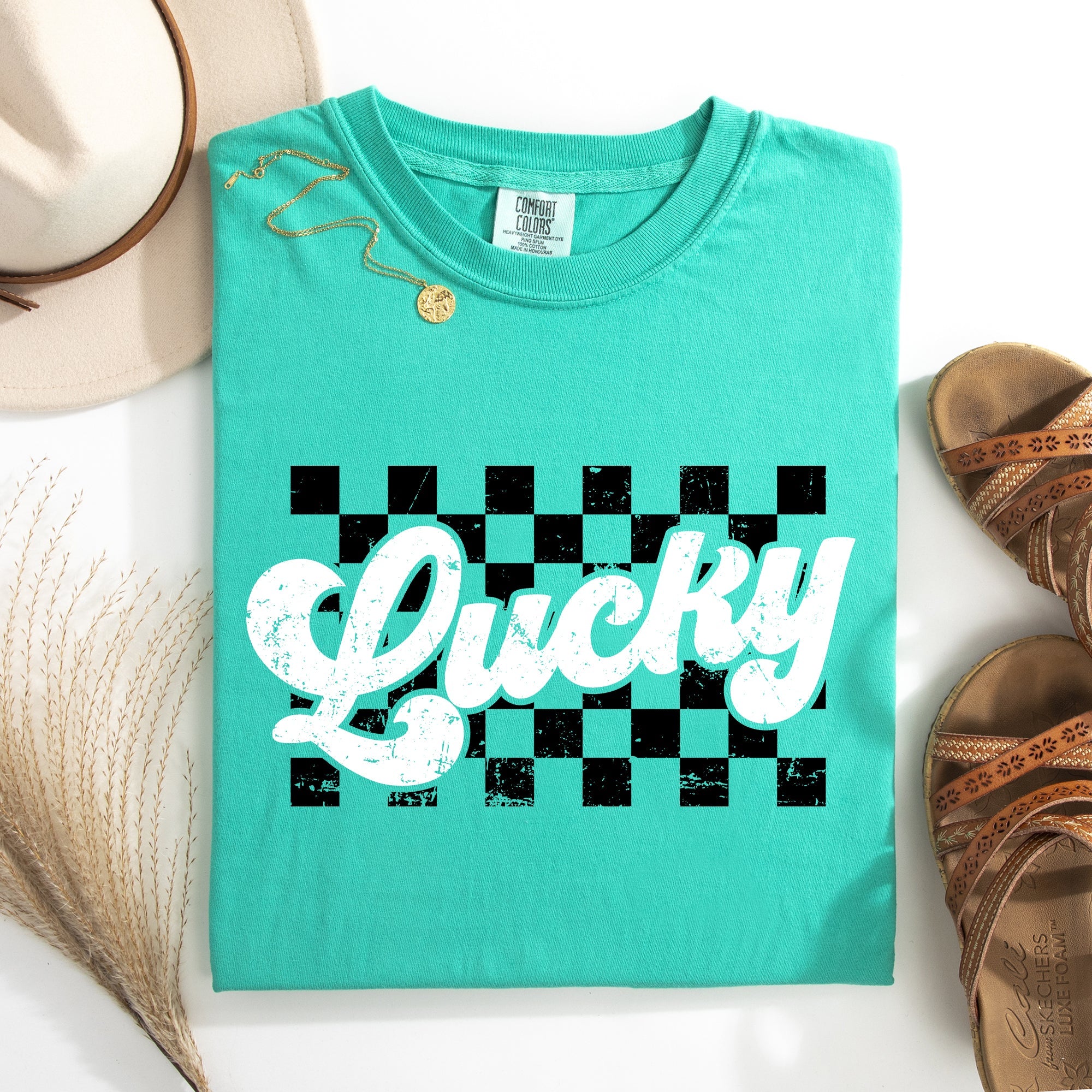 Checkered Lucky Leprechaun Shamrock Clover Retro Vintage St Patrick's Day Comfort Colors Tee