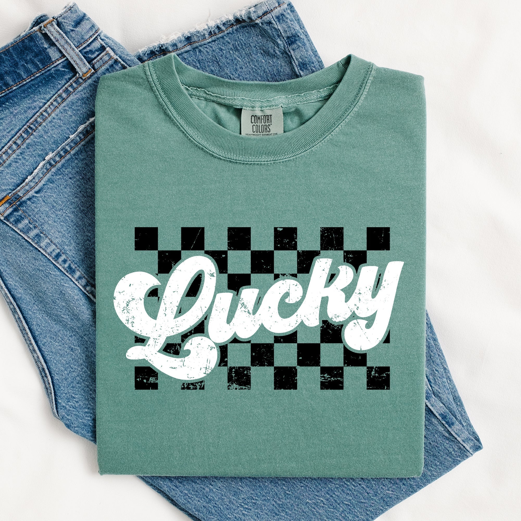 Checkered Lucky Leprechaun Shamrock Clover Retro Vintage St Patrick's Day Comfort Colors Tee