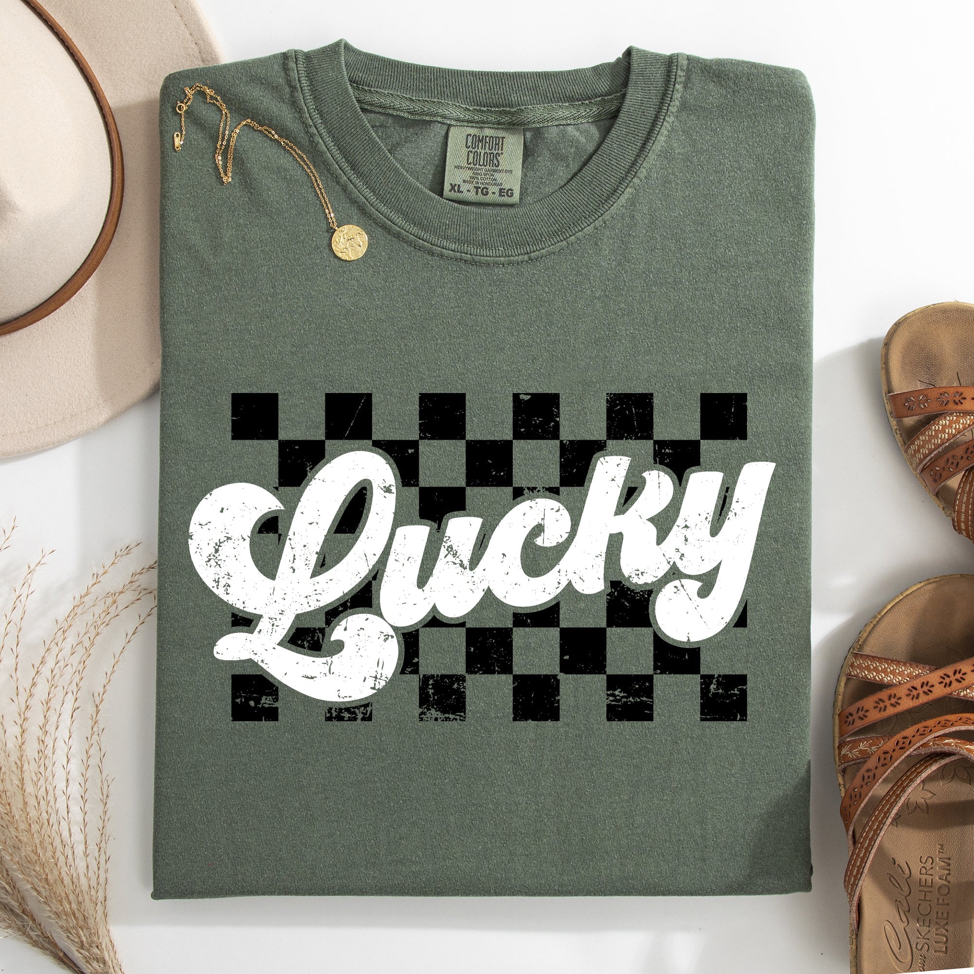 Checkered Lucky Leprechaun Shamrock Clover Retro Vintage St Patrick's Day Comfort Colors Tee