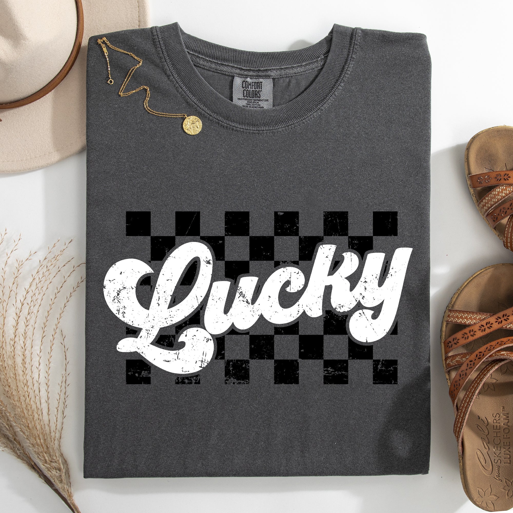 Checkered Lucky Leprechaun Shamrock Clover Retro Vintage St Patrick's Day Comfort Colors Tee