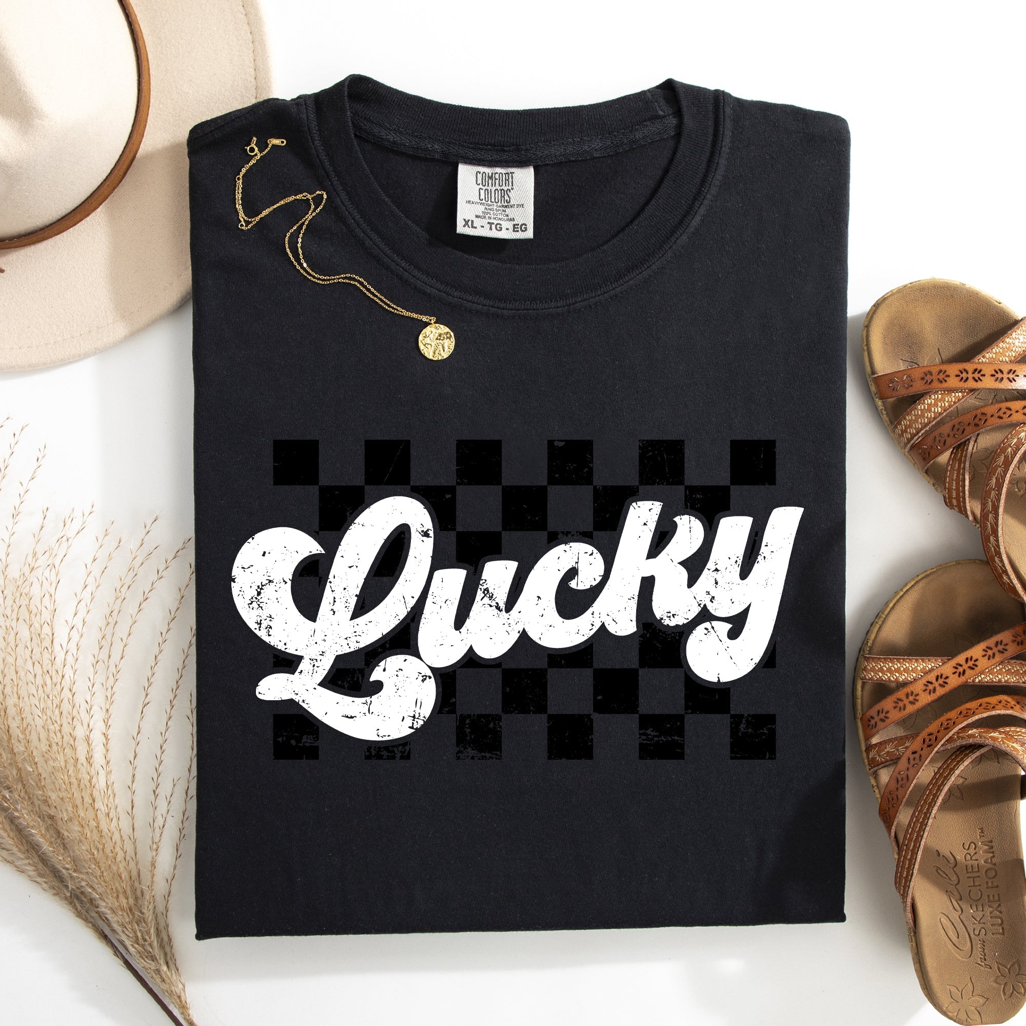 Checkered Lucky Leprechaun Shamrock Clover Retro Vintage St Patrick's Day Comfort Colors Tee