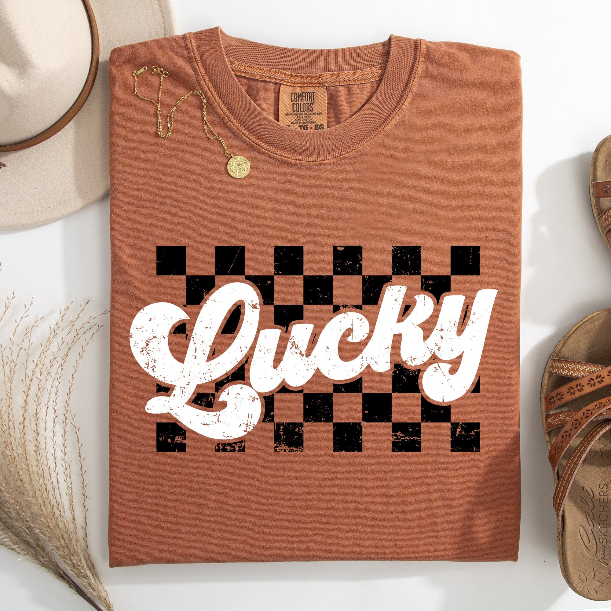 Checkered Lucky Leprechaun Shamrock Clover Retro Vintage St Patrick's Day Comfort Colors Tee