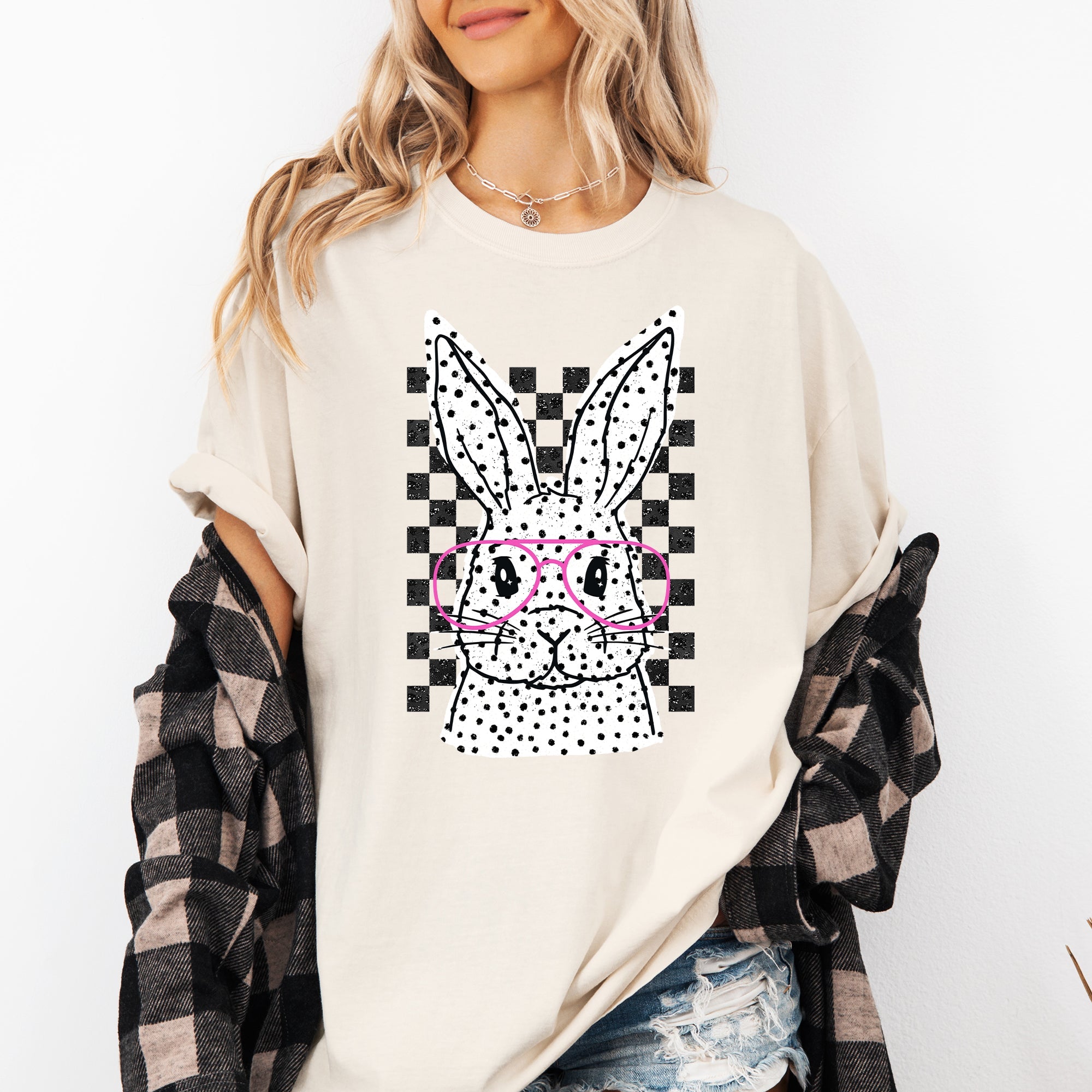Checkered Retro Polka Dot Easter Bunny Jesus Holiday Print Collection Comfort Colors Tee