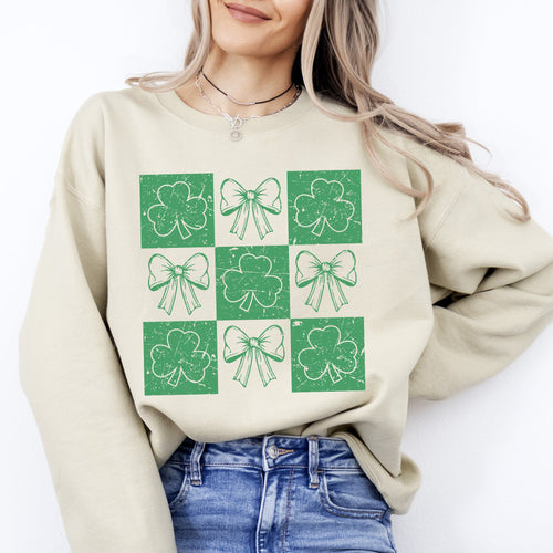 Checkered Retro Ribbon Bows St Patrick's Day Shamrock Clover Lucky Leprechaun Sweatshirt
