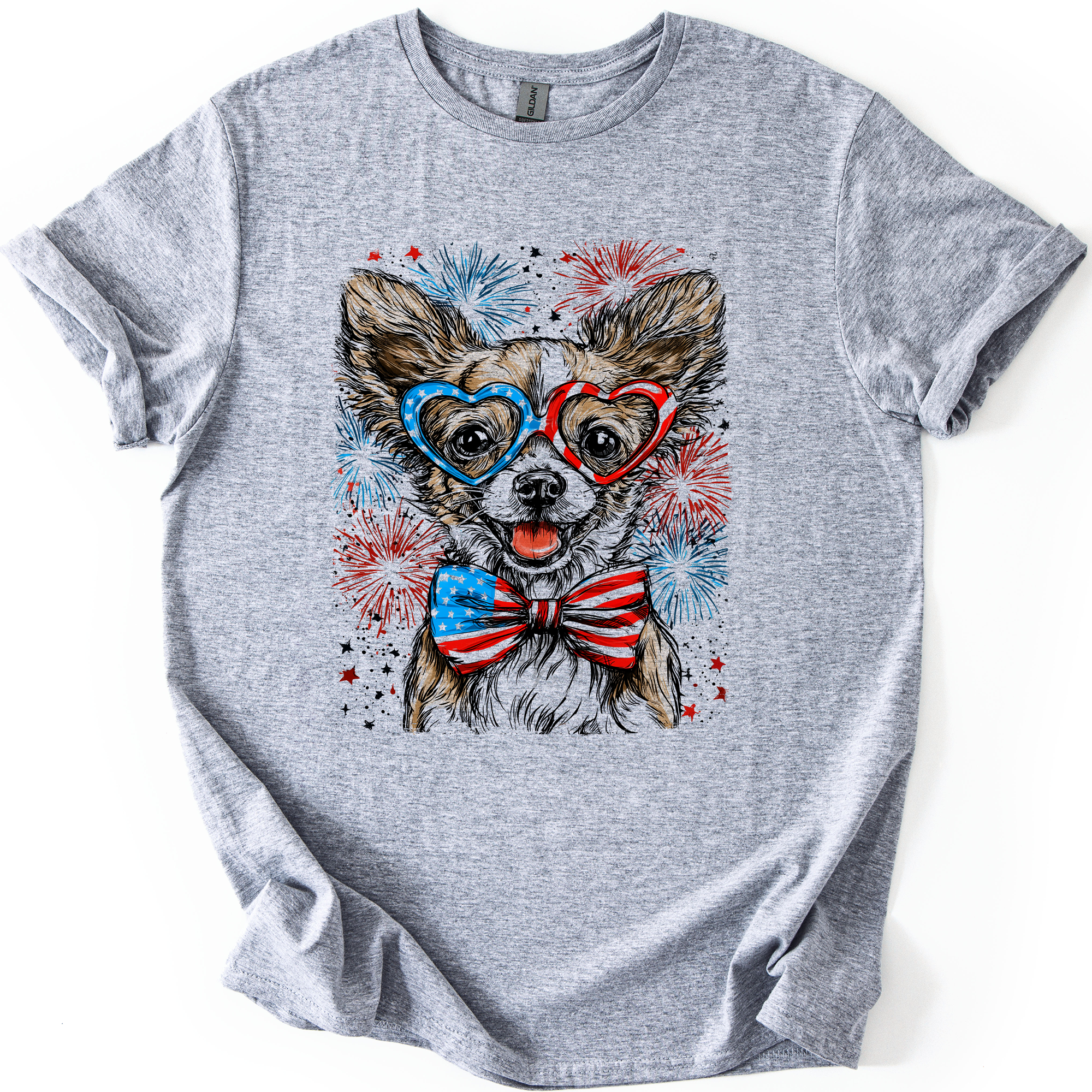 Chihuahua Patriotic Dog USA Flags Red White Blue Star Spangled Pet Lover 4th of July Graphic Tee