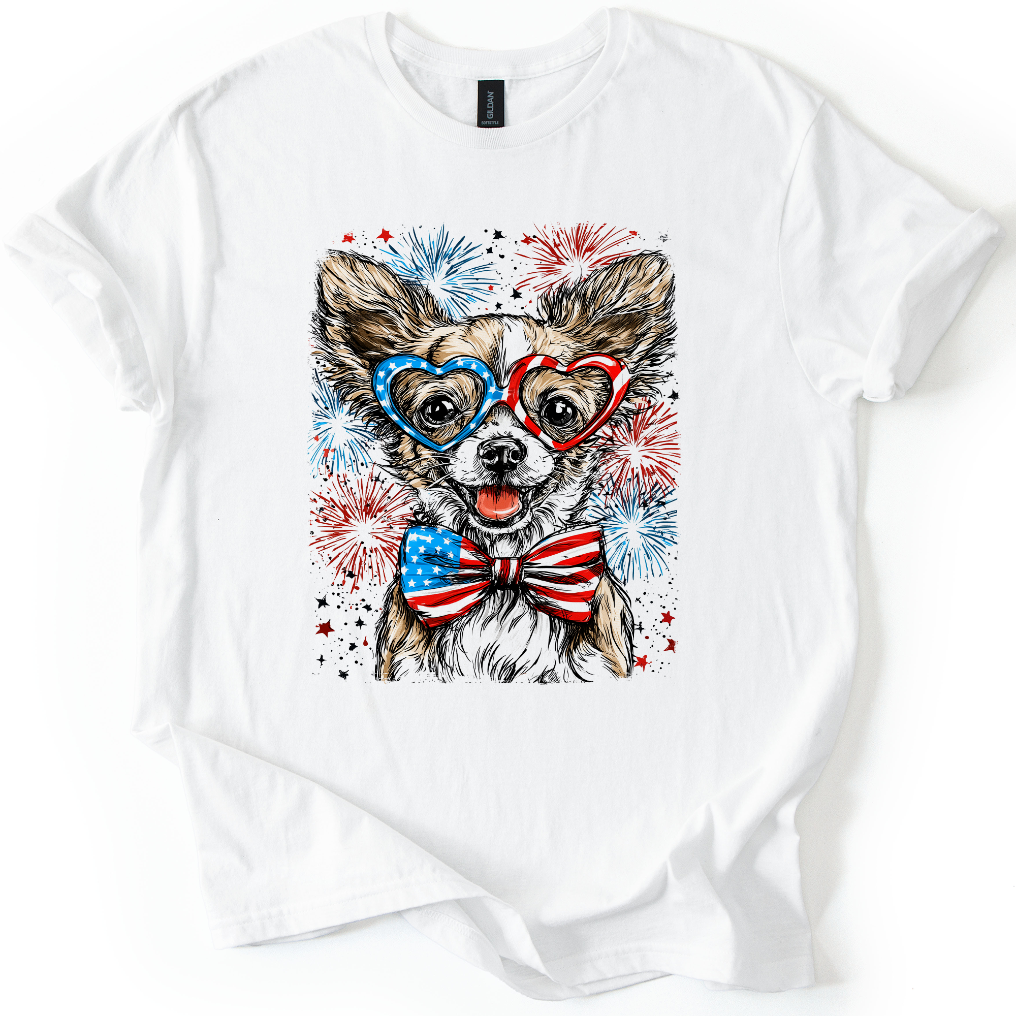 Chihuahua Patriotic Dog USA Flags Red White Blue Star Spangled Pet Lover 4th of July Graphic Tee