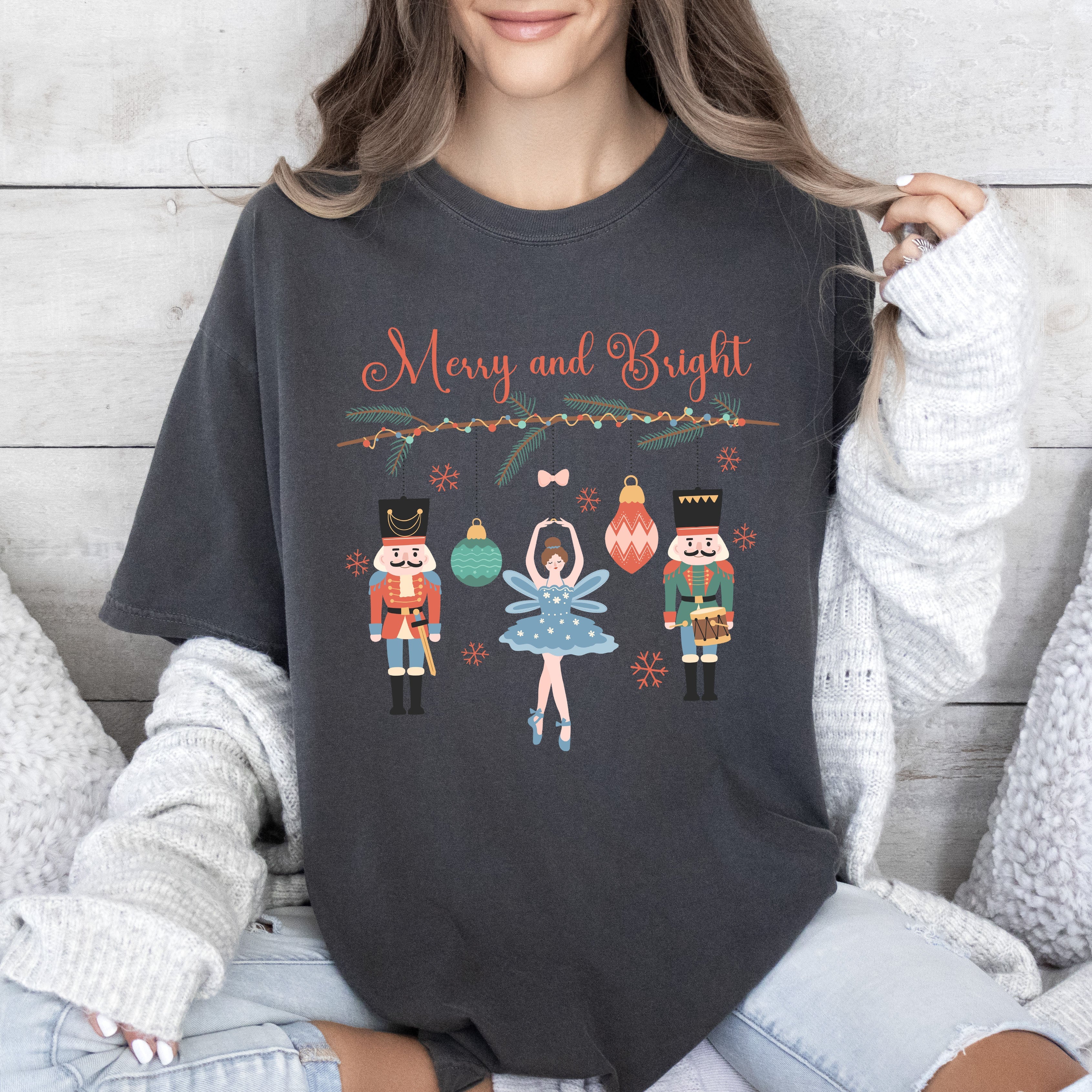Merry And Bright Nutcracker Vintage Holiday Ornament Scene Christmas Collection Comfort Colors Tee