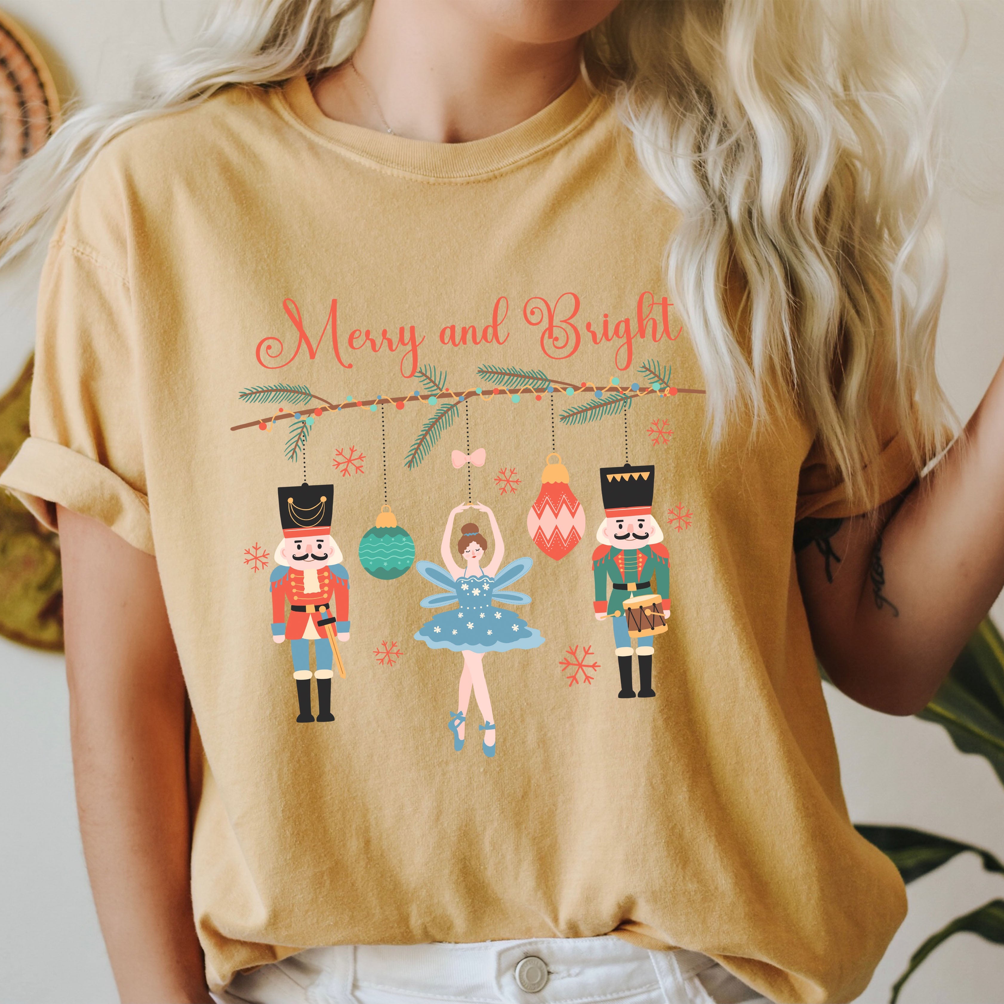 Merry And Bright Nutcracker Vintage Holiday Ornament Scene Christmas Collection Comfort Colors Tee