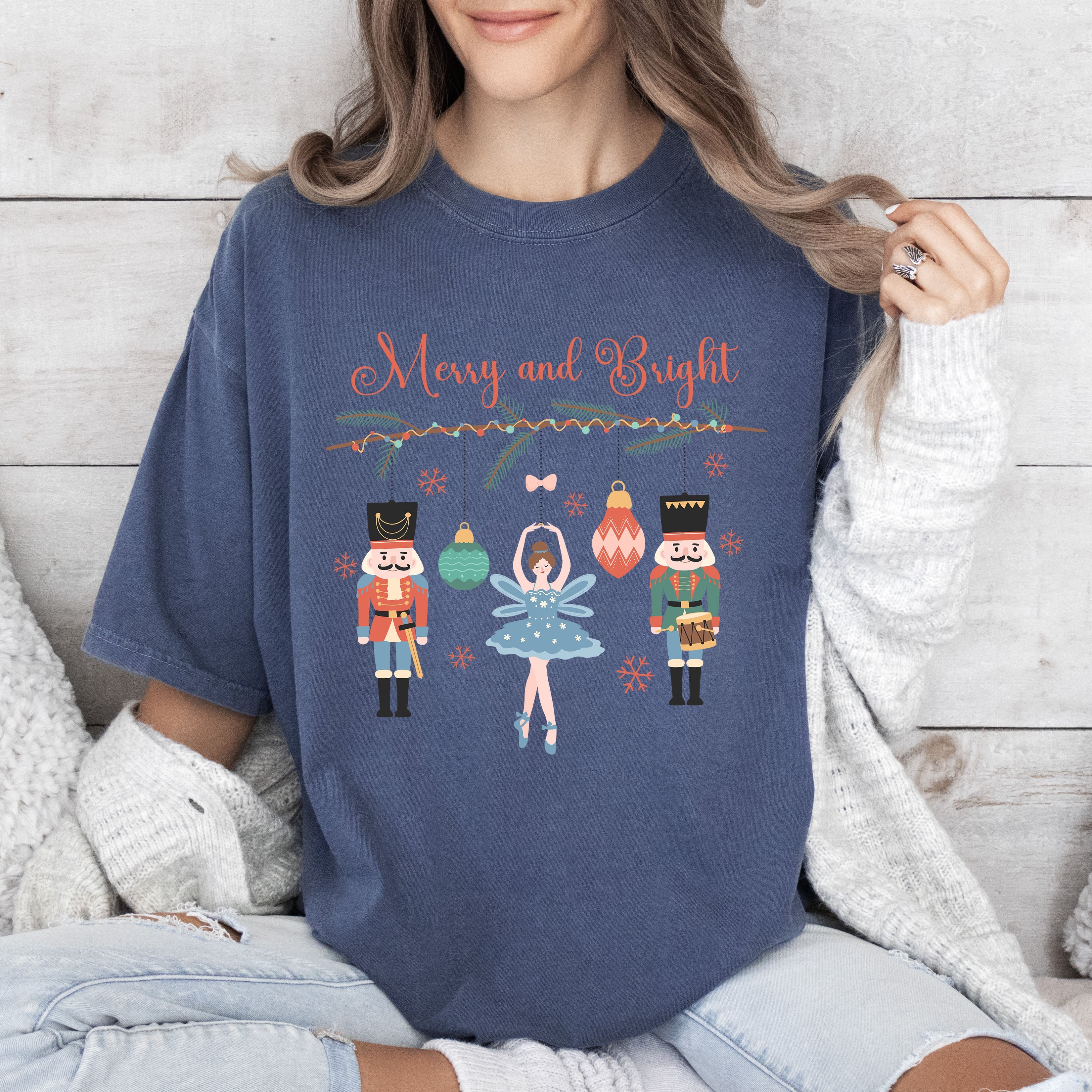 Merry And Bright Nutcracker Vintage Holiday Ornament Scene Christmas Collection Comfort Colors Tee