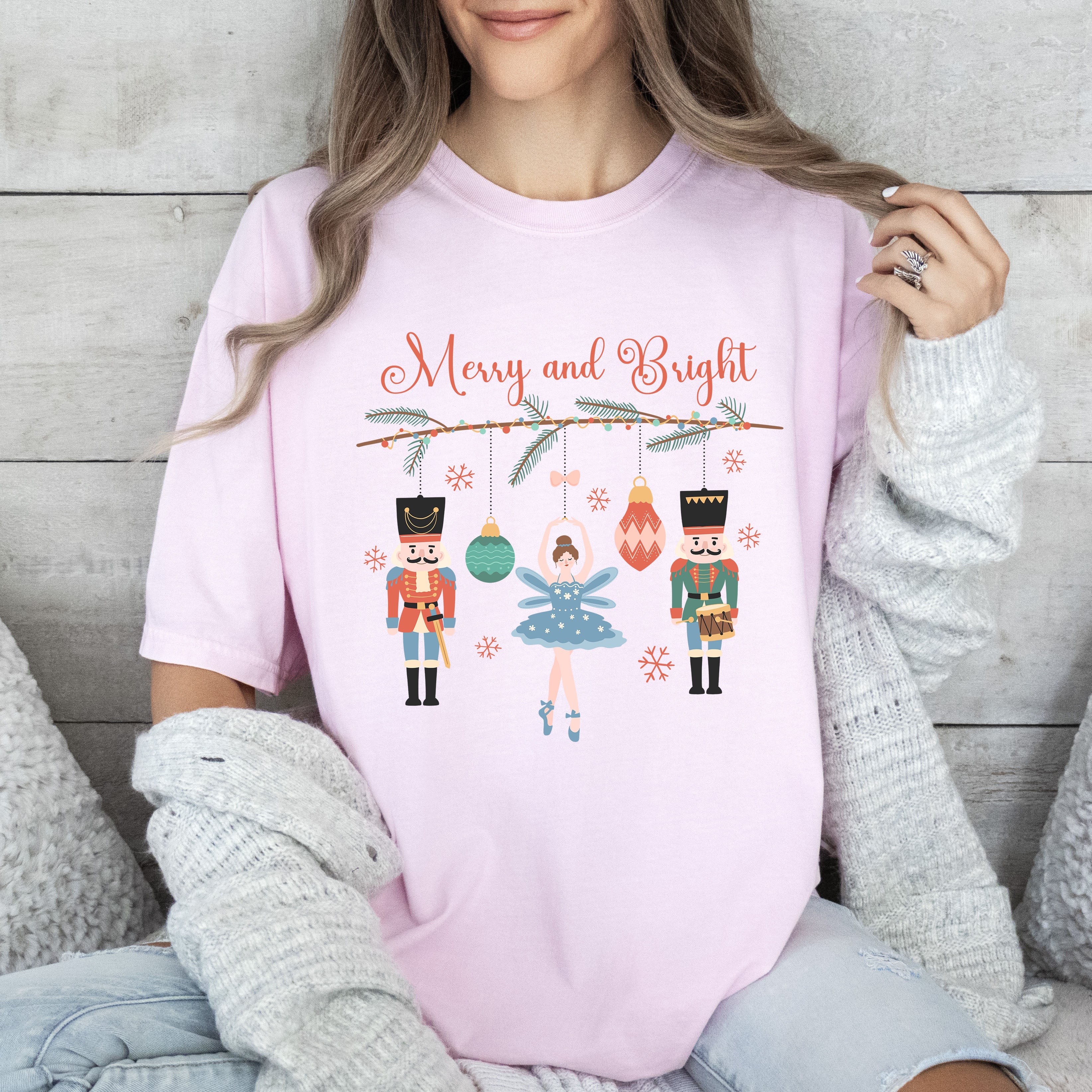 Merry And Bright Nutcracker Vintage Holiday Ornament Scene Christmas Collection Comfort Colors Tee