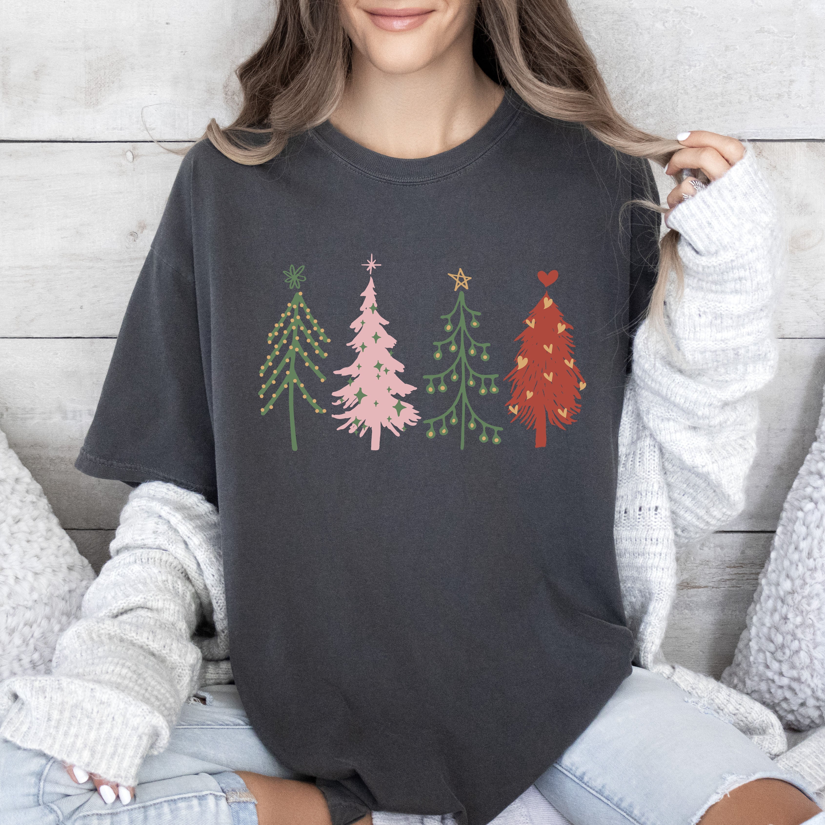 Cute Christmas Trees Vintage Style Pine Tree Silhouettes Festive Winter Scene Comfort Colors Tee