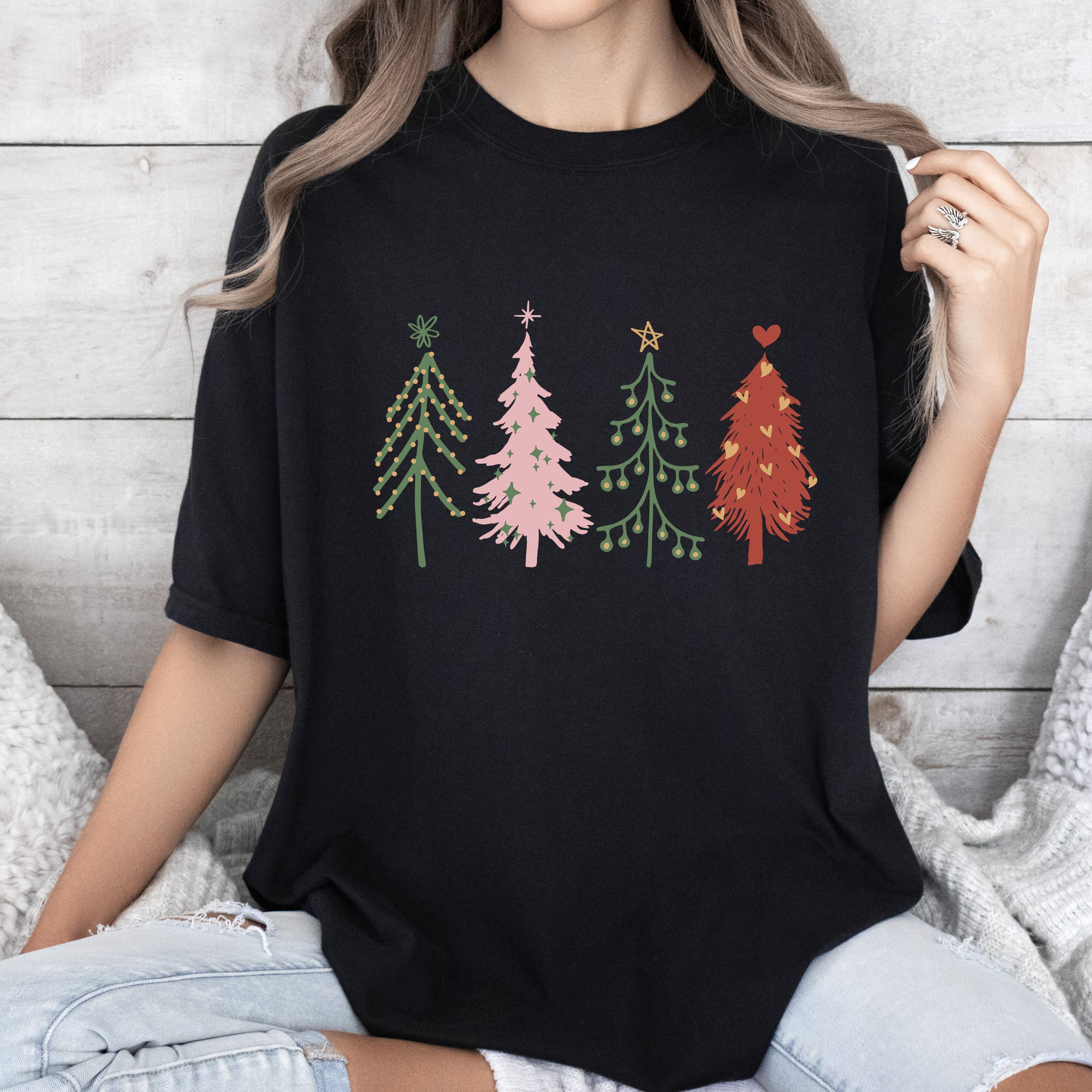 Cute Christmas Trees Vintage Style Pine Tree Silhouettes Festive Winter Scene Comfort Colors Tee