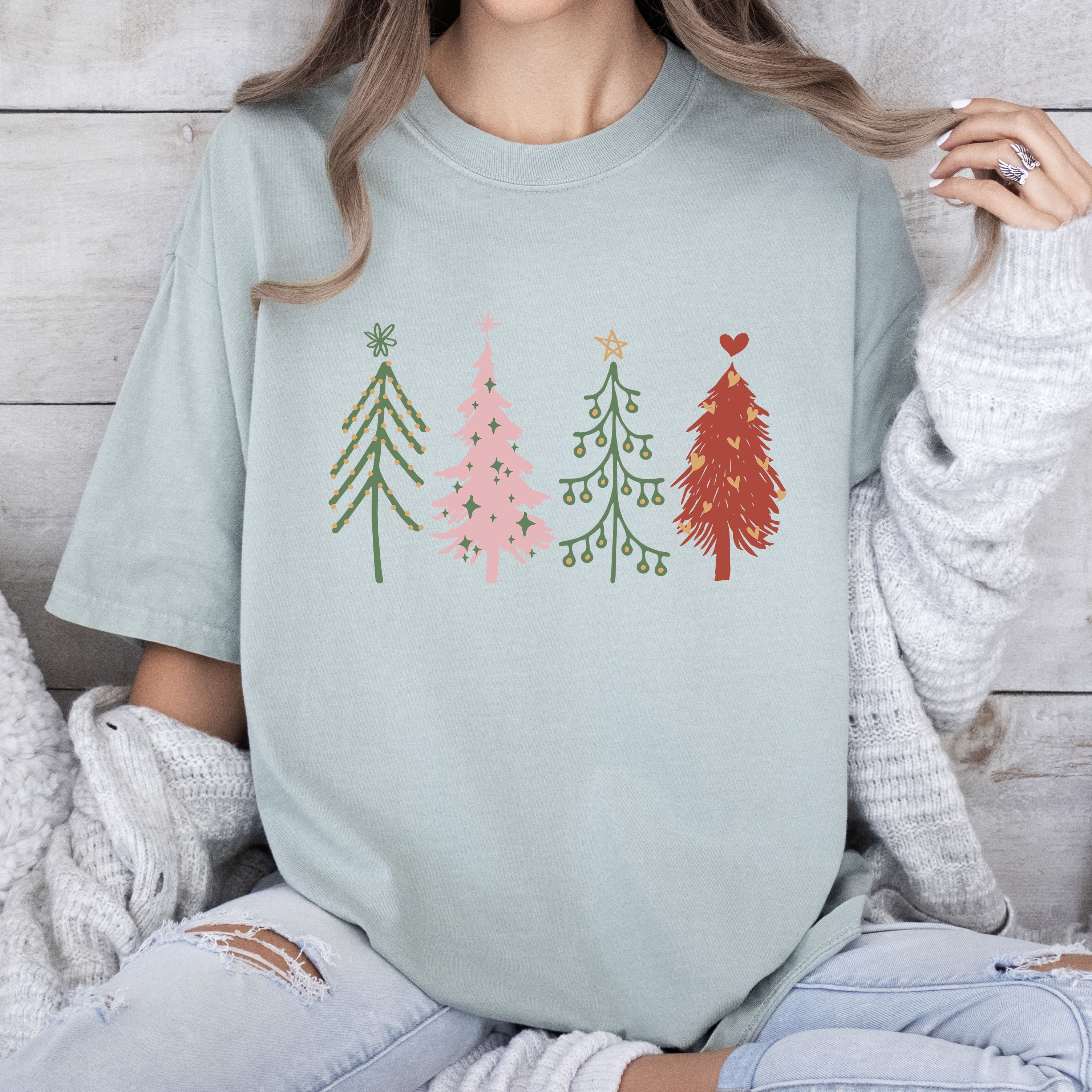 Cute Christmas Trees Vintage Style Pine Tree Silhouettes Festive Winter Scene Comfort Colors Tee