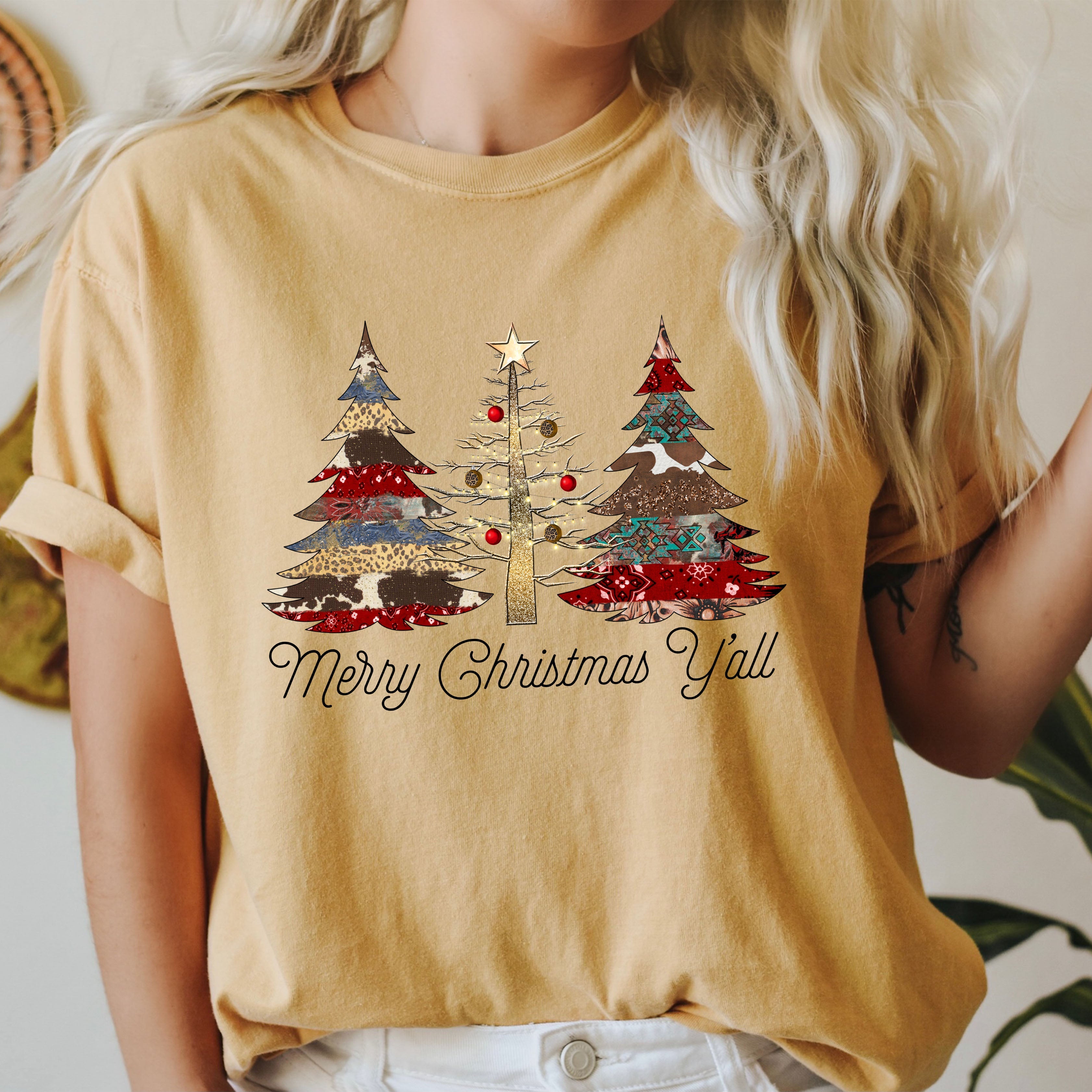 Merry Christmas Y'all Retro Trees Vintage Holiday Forest Scene Comfort Colors Tee