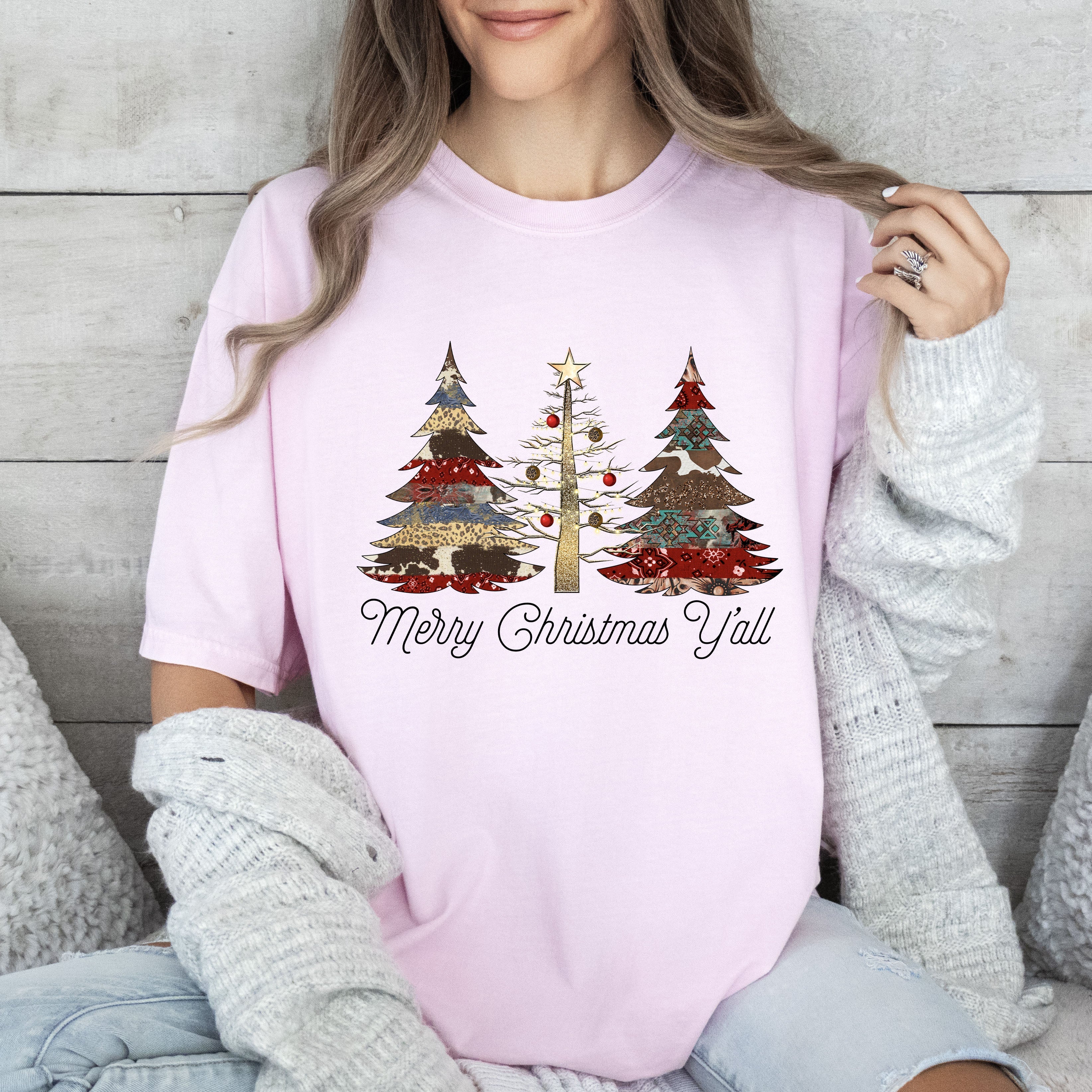 Merry Christmas Y'all Retro Trees Vintage Holiday Forest Scene Comfort Colors Tee