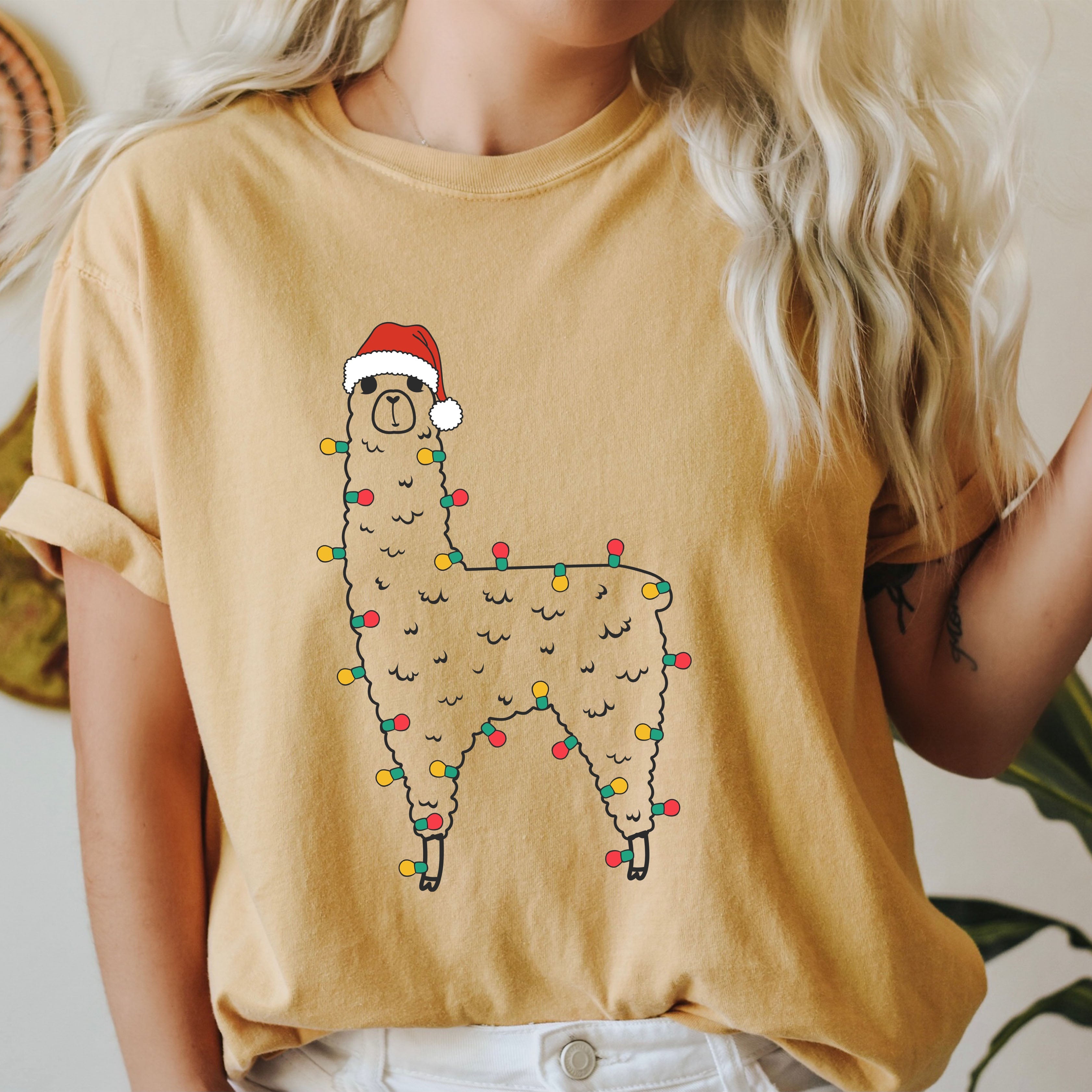 Llama Christmas Vintage Animal Illustration Whimsical North Pole Holiday Scene Comfort Colors Tee