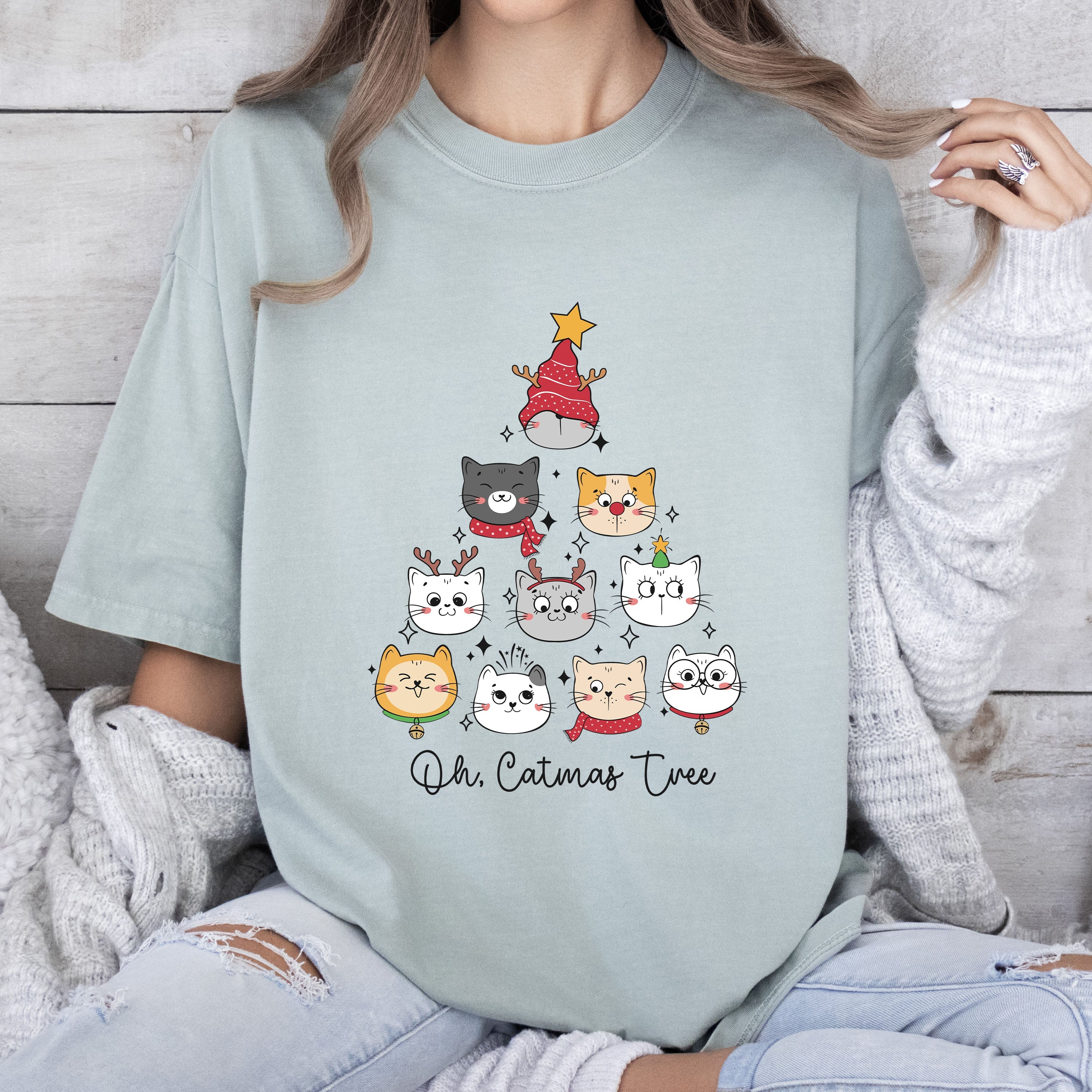 Oh Catmas Tree Christmas Vintage Funny Cat Lover Holiday Design Comfort Colors Tee