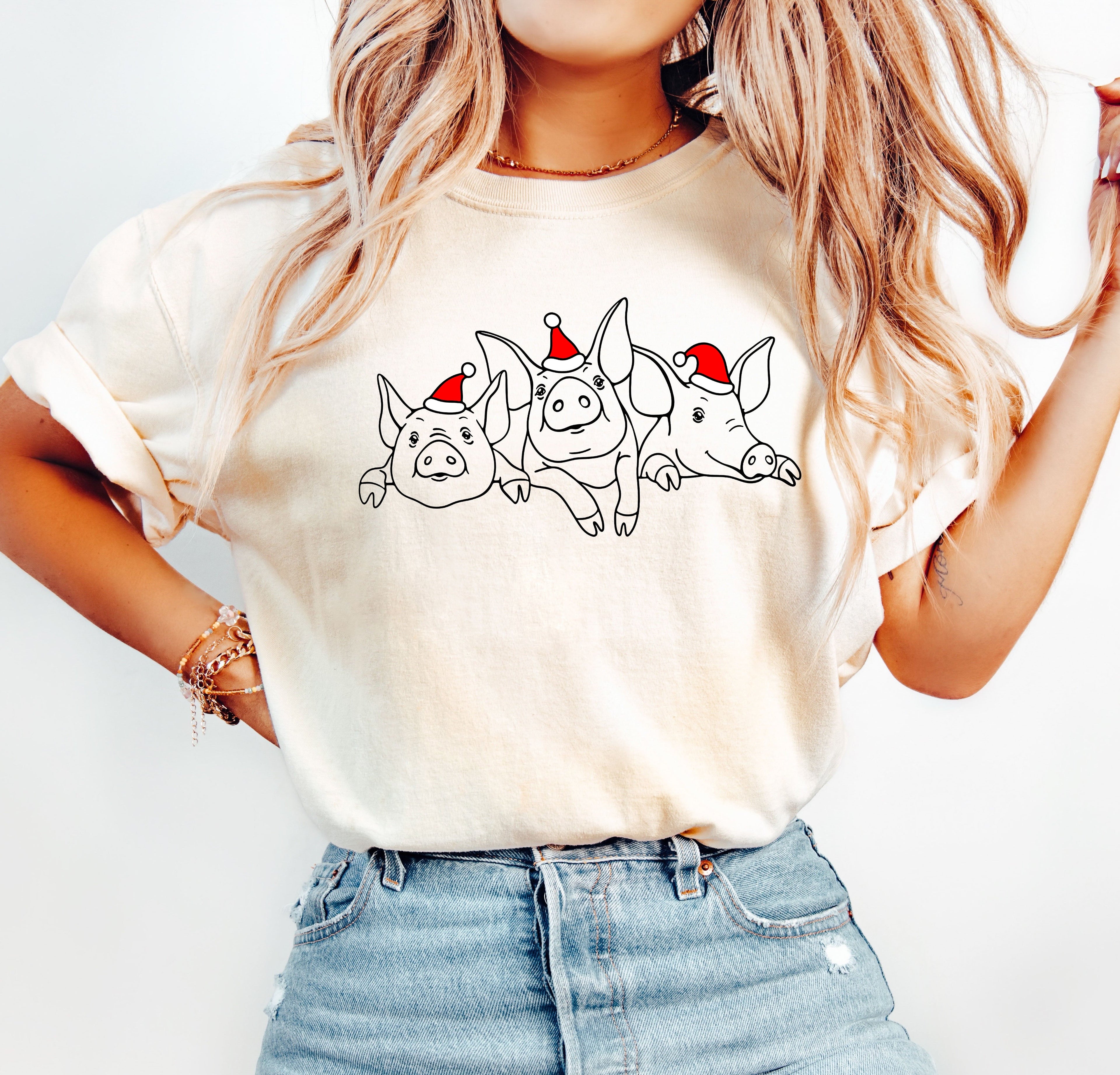 Christmas Pigs Holiday Mascot Illustration Retro Vintage Charm Edition Comfort Colors Tee