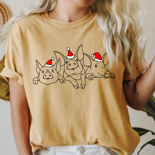 Christmas Pigs Holiday Mascot Illustration Retro Vintage Charm Edition Comfort Colors Tee