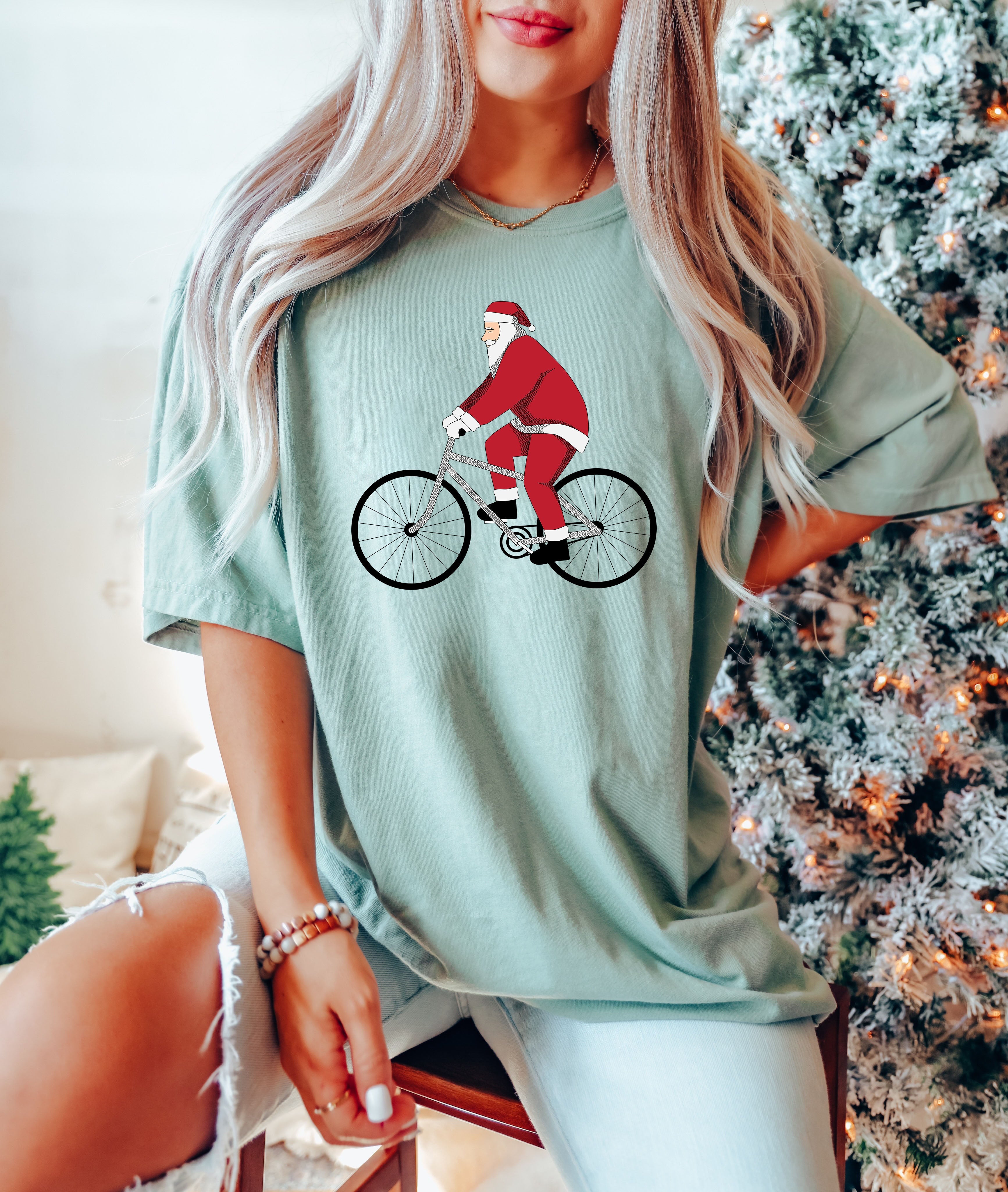 Bicycling Santa Vintage Illustration Christmas Limited Edition Classic Holiday Comfort Colors Tee