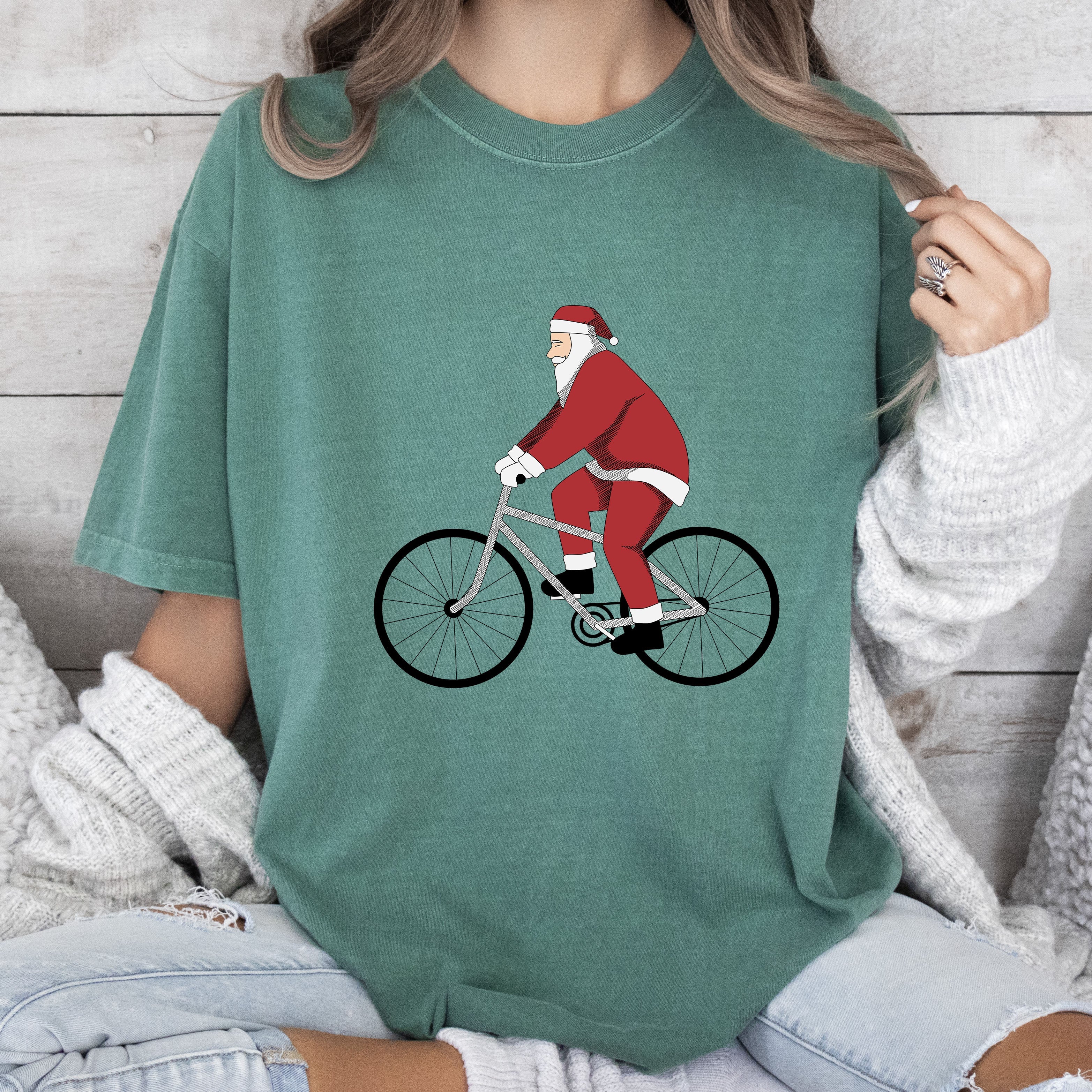 Bicycling Santa Vintage Illustration Christmas Limited Edition Classic Holiday Comfort Colors Tee