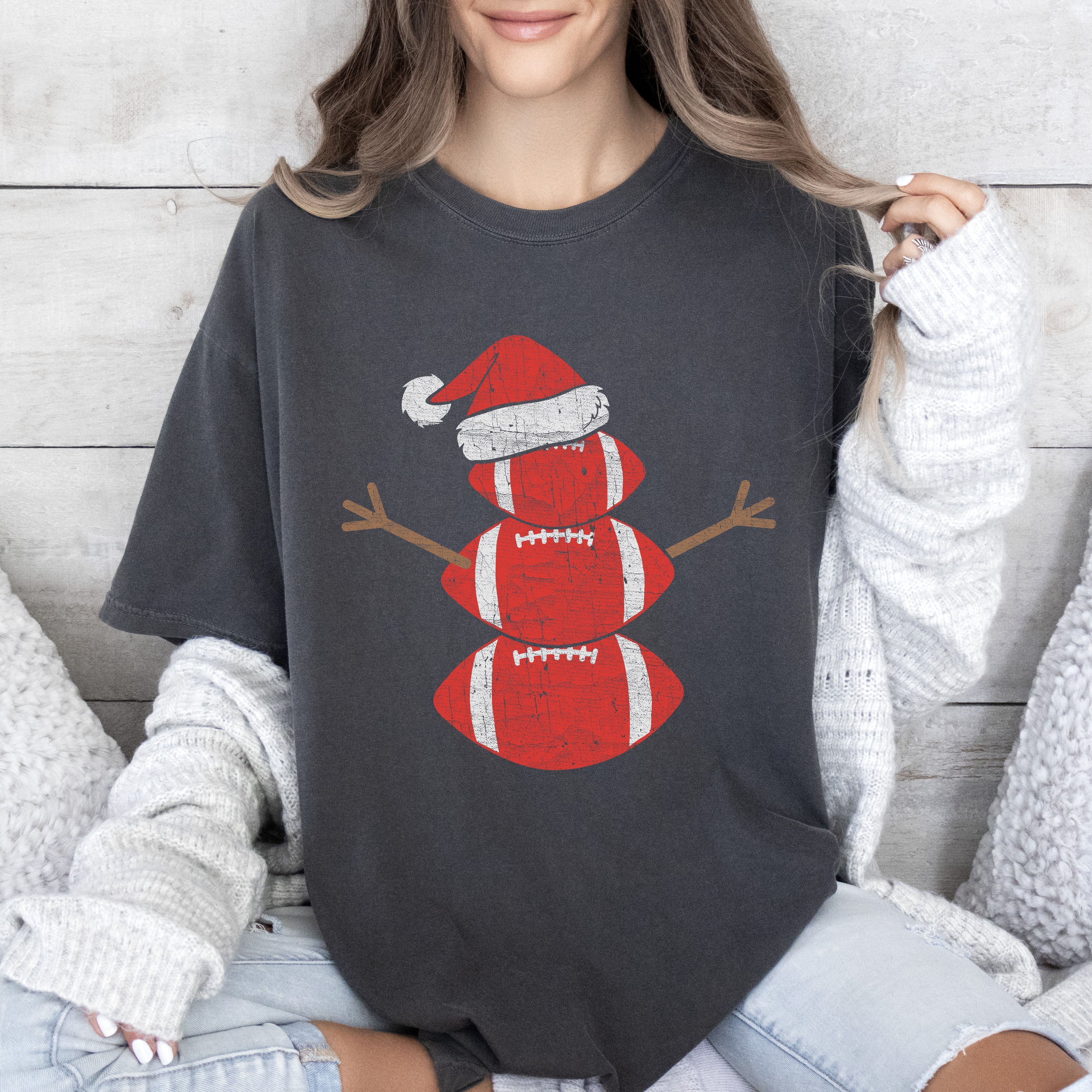 Football Snowman Christmas Vintage Holiday Illustration Soft Cozy Comfort Colors Tee