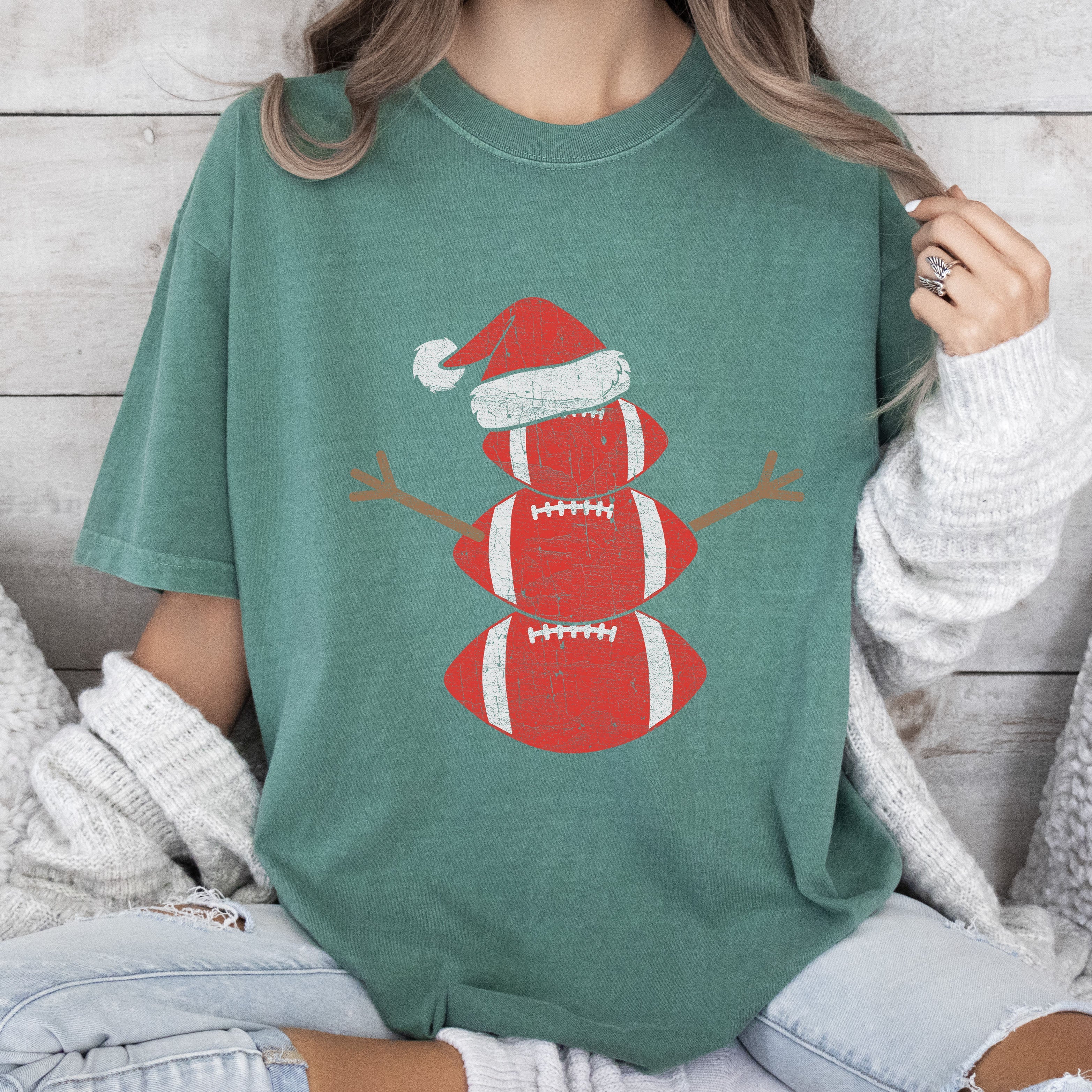 Football Snowman Christmas Vintage Holiday Illustration Soft Cozy Comfort Colors Tee