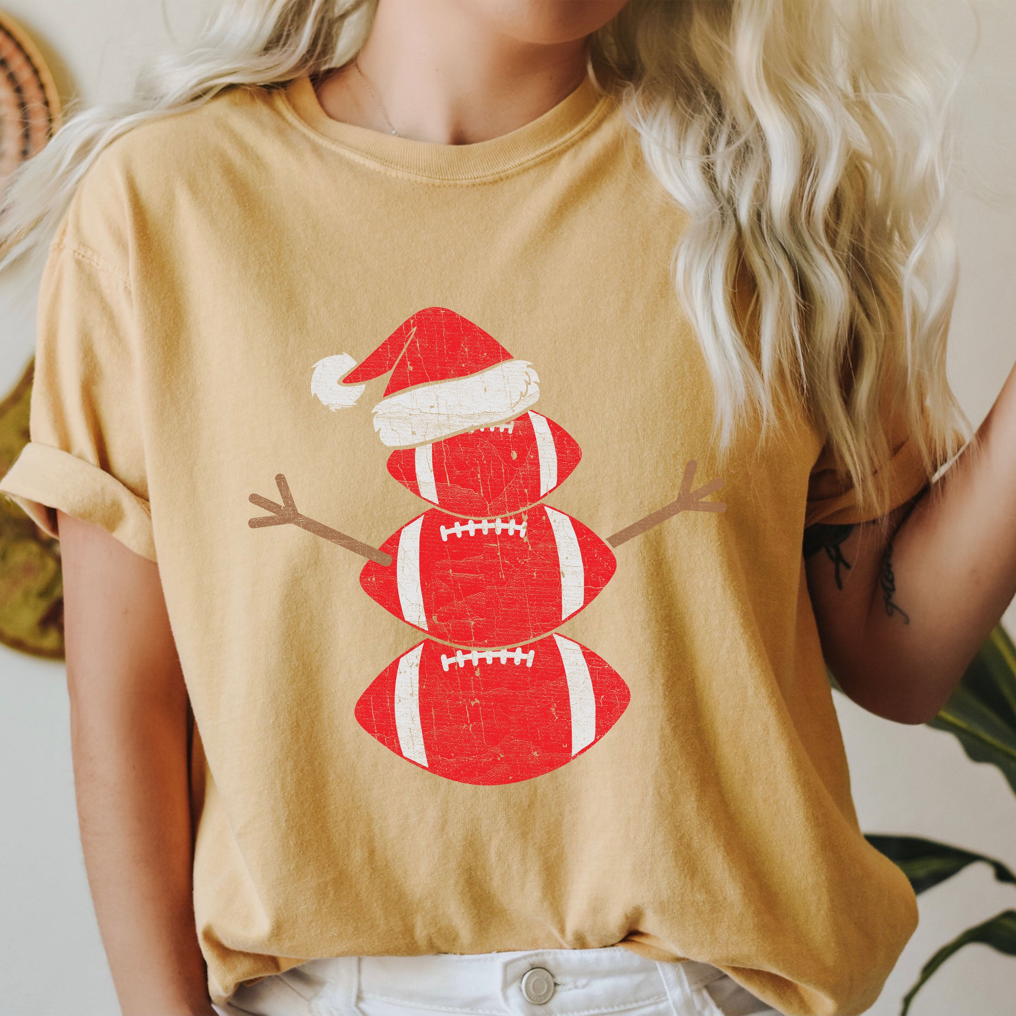 Football Snowman Christmas Vintage Holiday Illustration Soft Cozy Comfort Colors Tee