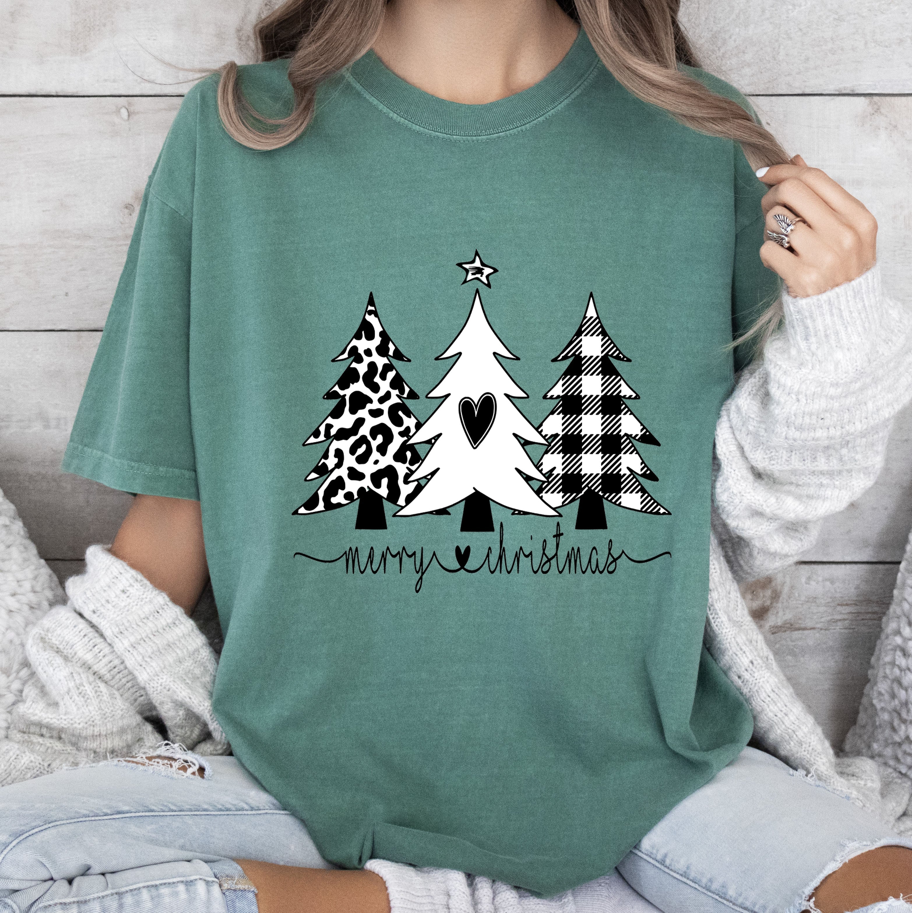 Merry Christmas Chic Trees Wintry Pine Holiday Scene Vintage Style Comfort Colors Tee