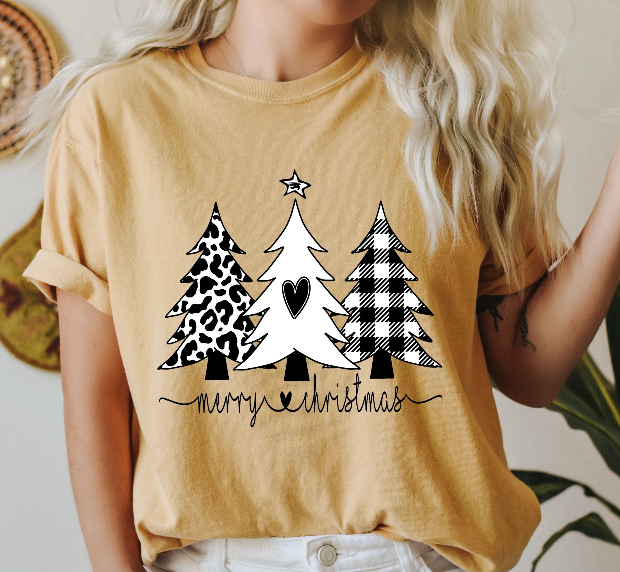 Merry Christmas Chic Trees Wintry Pine Holiday Scene Vintage Style Comfort Colors Tee